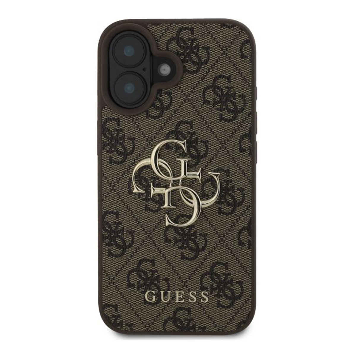 Custodia per telefono marrone con logo Guess e un motivo. La custodia copre il telefono.