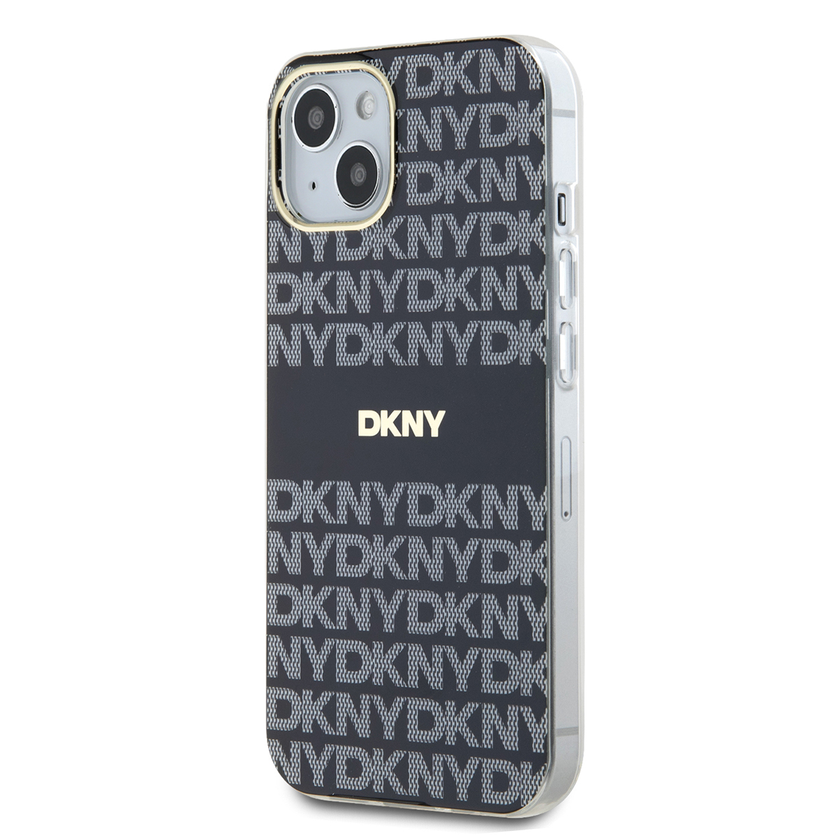 Custodia nera DKNY con il logo DKNY ripetuto. Telefono su superficie bianca.