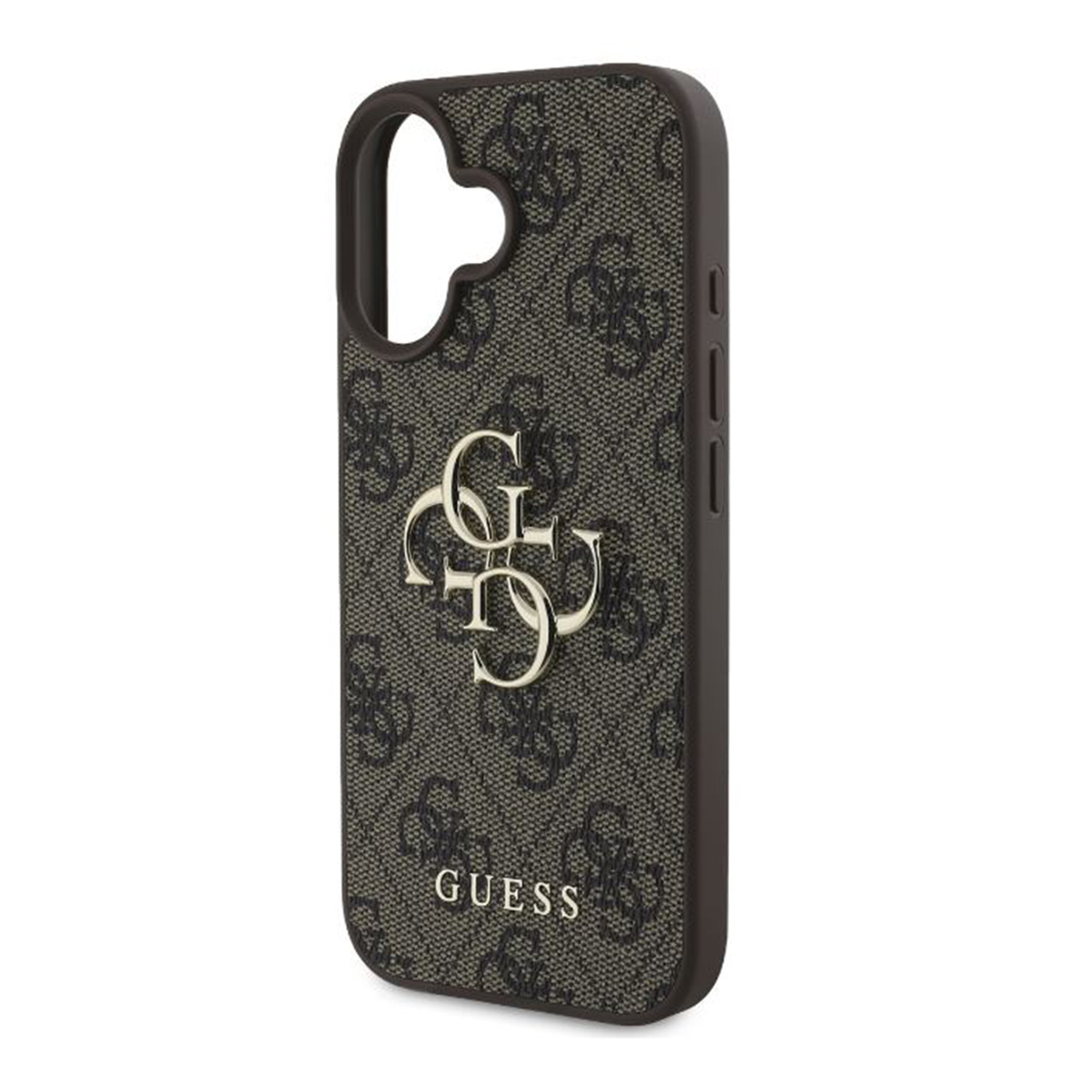 Una custodia per telefono con il logo Guess e un motivo. Sfondo bianco. Vista dall'alto.