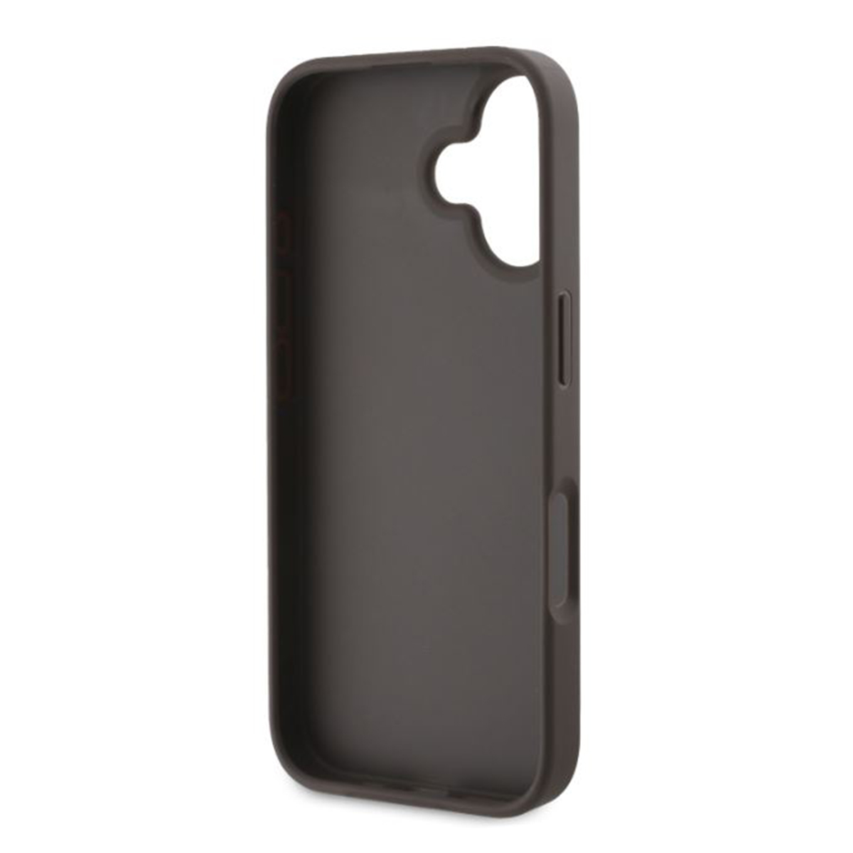 Custodia per telefono grigio scuro con fori per fotocamera e pulsanti.