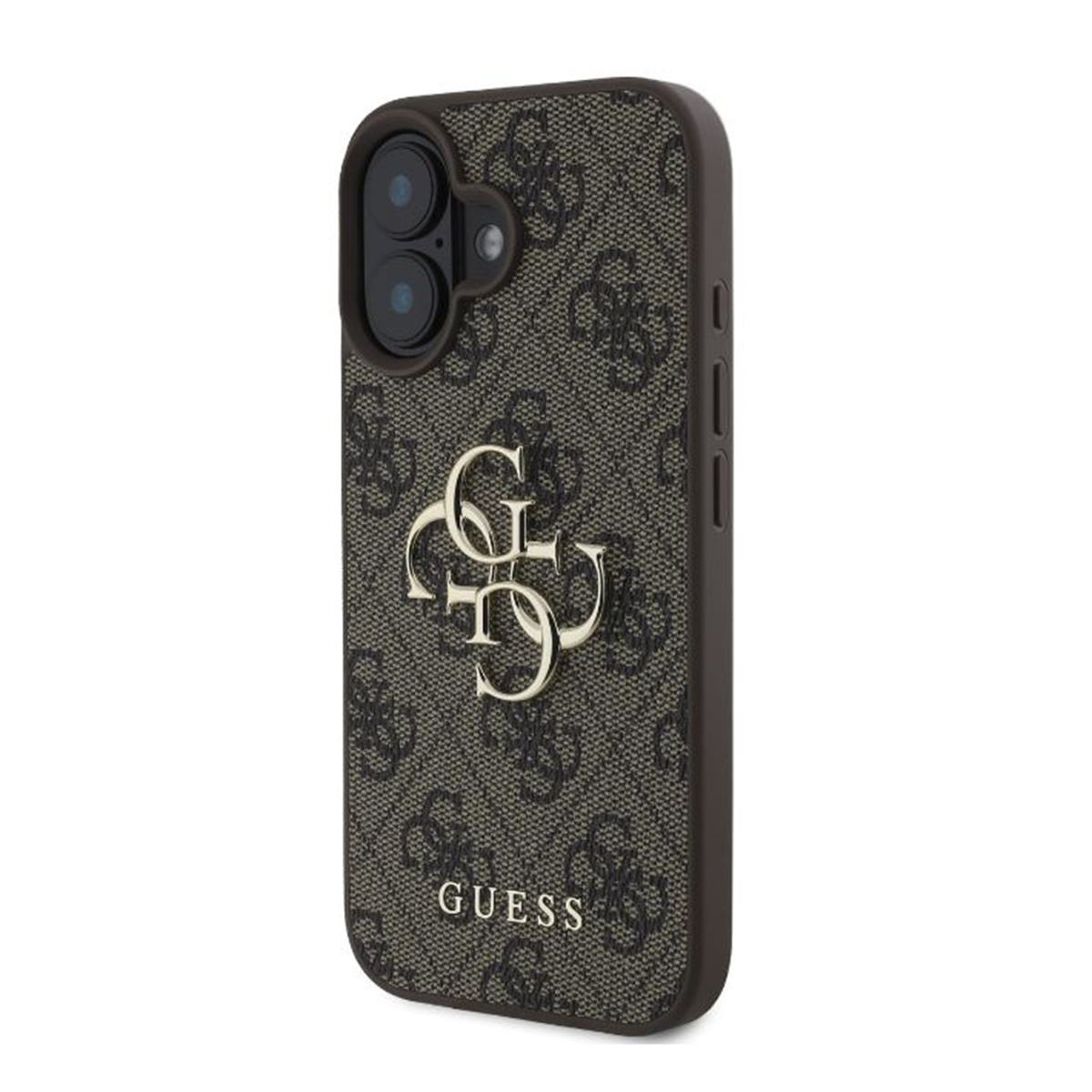Custodia per telefono con motivo logo Guess nero e stemma dorato. Il marchio Guess è visibile.