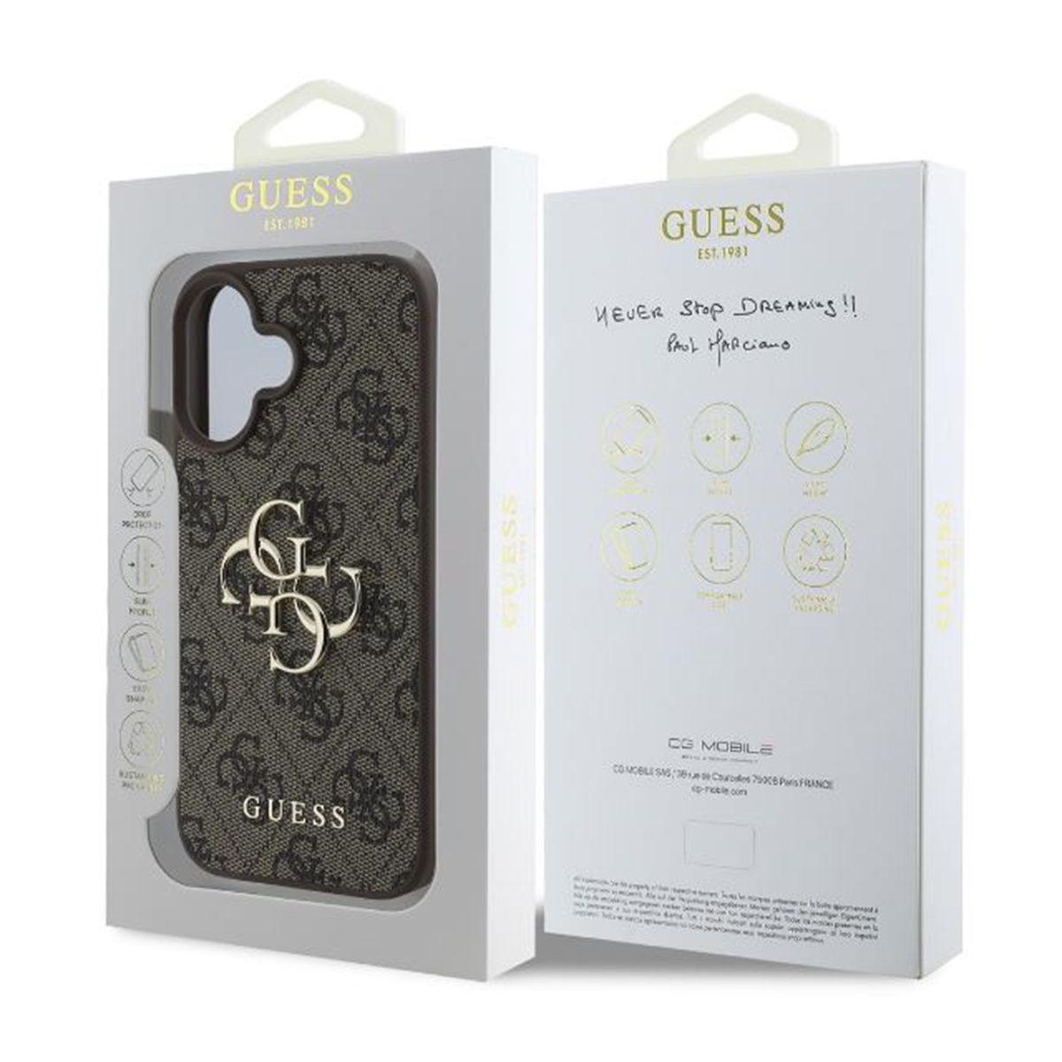 Scatola per custodia del telefono con il logo Guess. La scatola è bianca con una custodia all'interno.