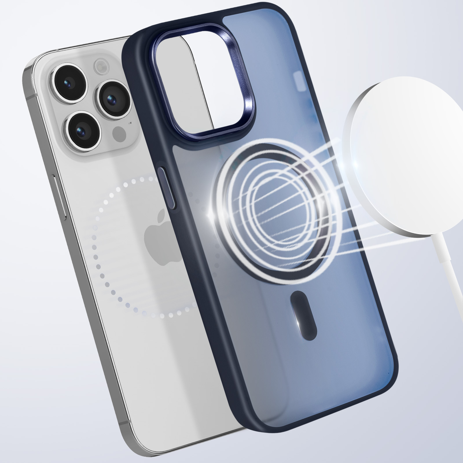 Telefono con custodia bluastra e caricatore magnetico bianco.