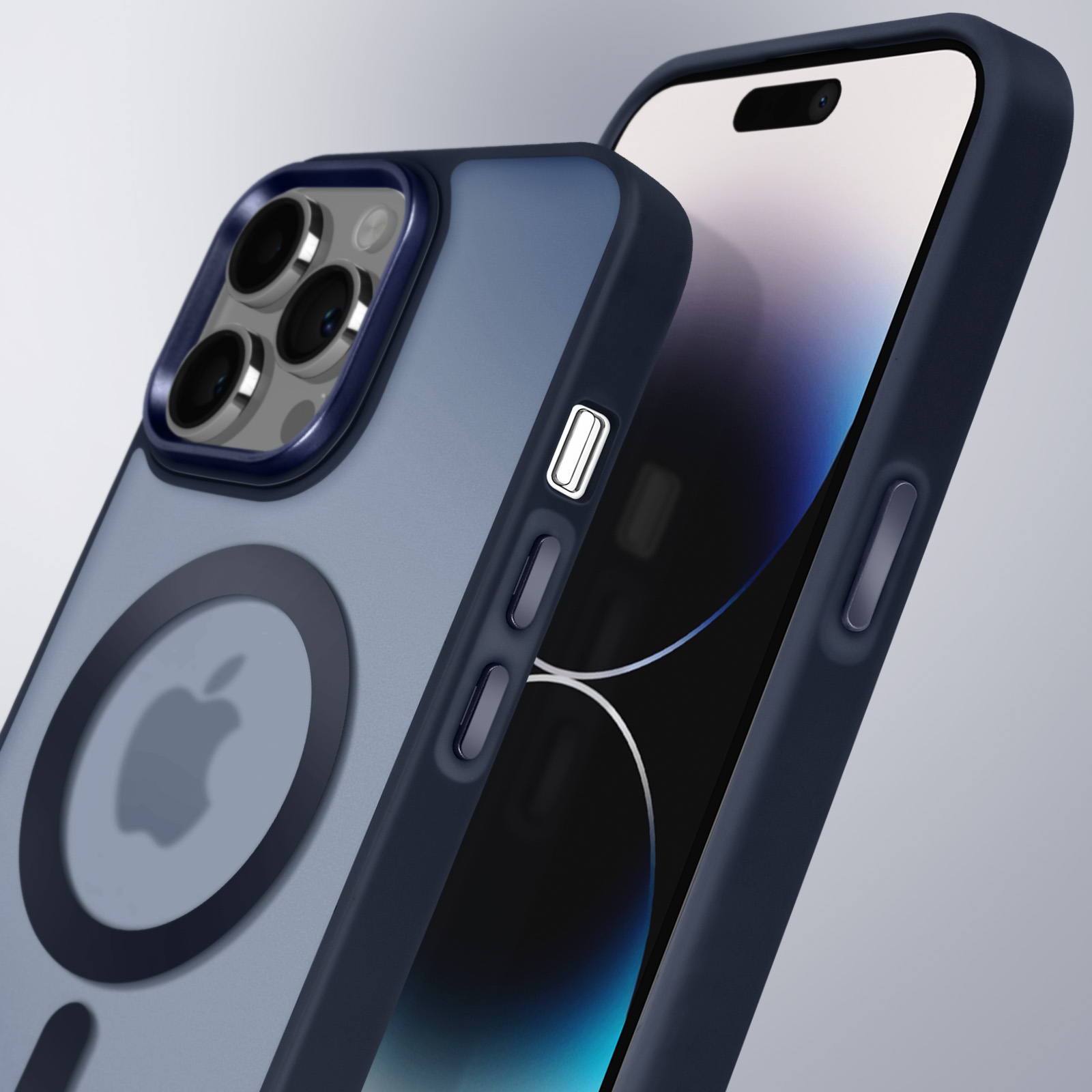 Primo piano di una custodia per telefono con telefono. La custodia è blu e il telefono bianco con logo Apple.
