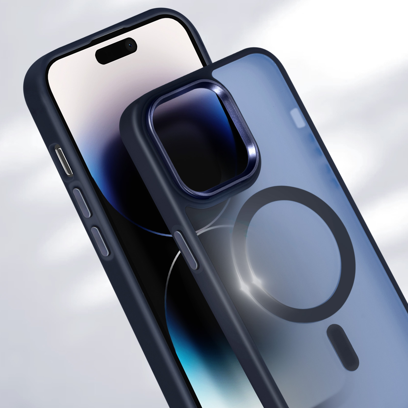 Custodia per telefono con telefono. La custodia è blu navy, trasparente e ha un cerchio magnetico.