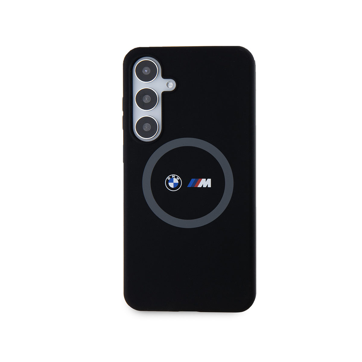 Una custodia nera per telefono con il logo BMW M. La custodia è nera, con un logo bianco e blu.