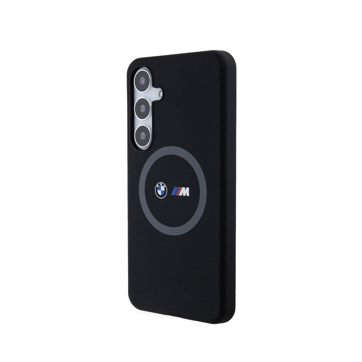 Custodia nera con logo BMW. Sono visibili tre obiettivi della fotocamera.