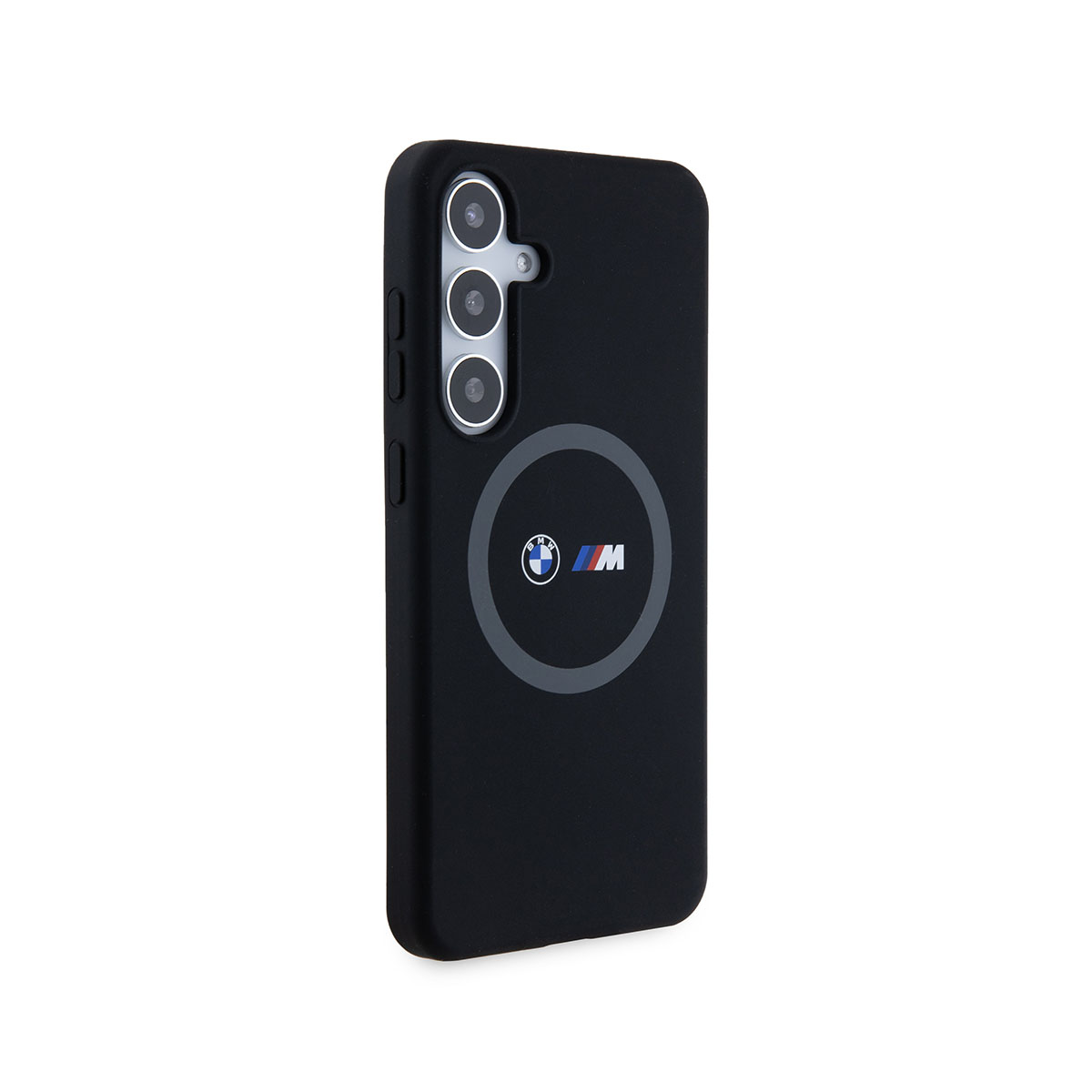 Custodia nera per telefono con logo BMW. Il case ha un design circolare. Il telefono è nero.