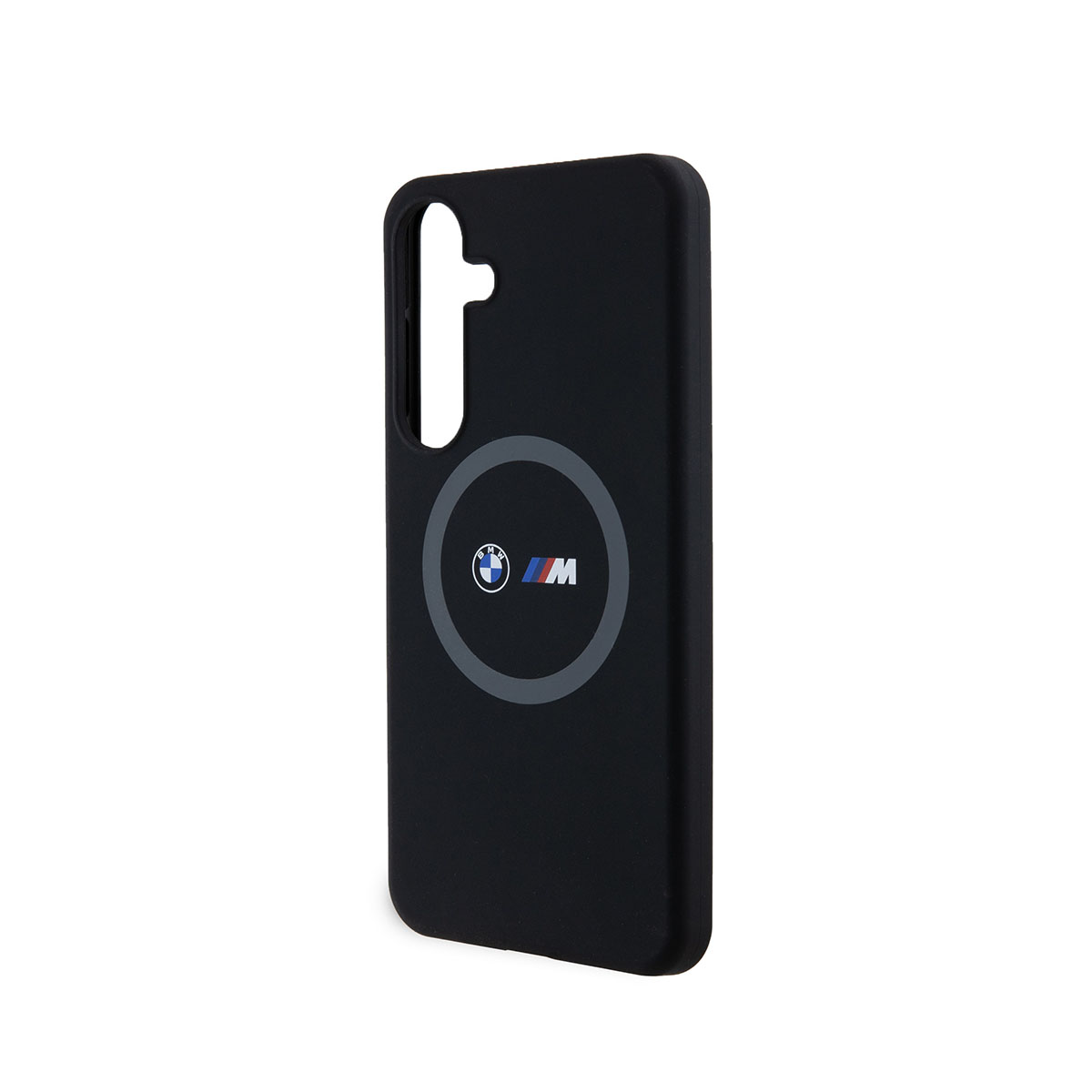 Custodia nera per telefono con logo BMW e ritaglio per fotocamera. La custodia è su sfondo bianco.