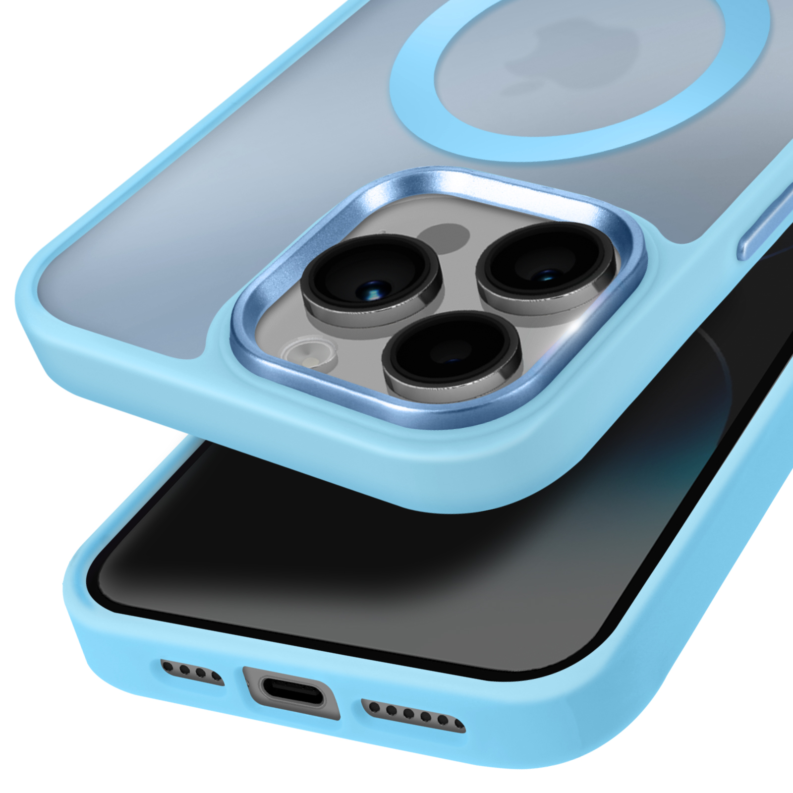 Telefono con custodia blu. La custodia è trasparente con cornice blu. Schermo nero.