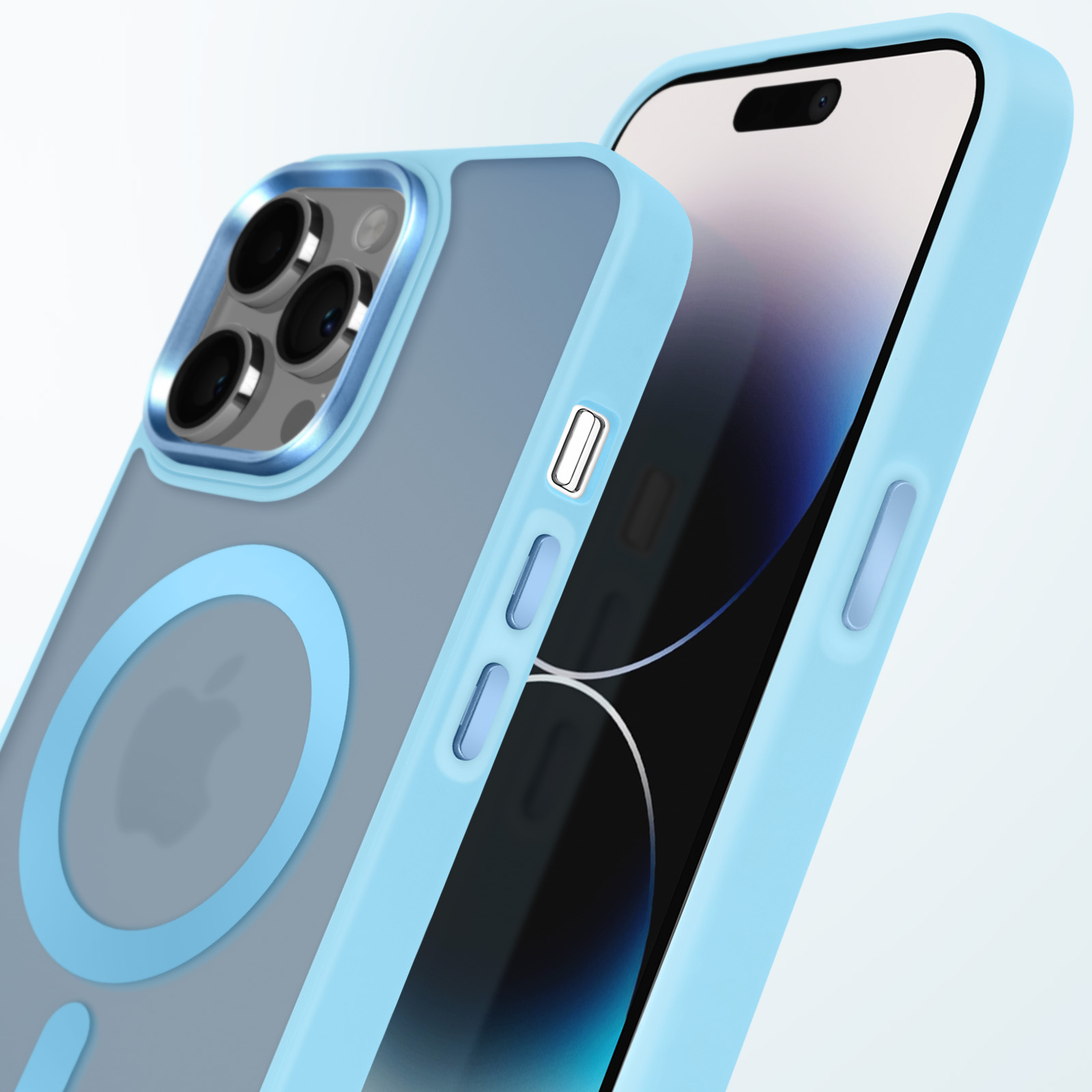 Custodia per telefono azzurra con retro trasparente e telefono all'interno.
