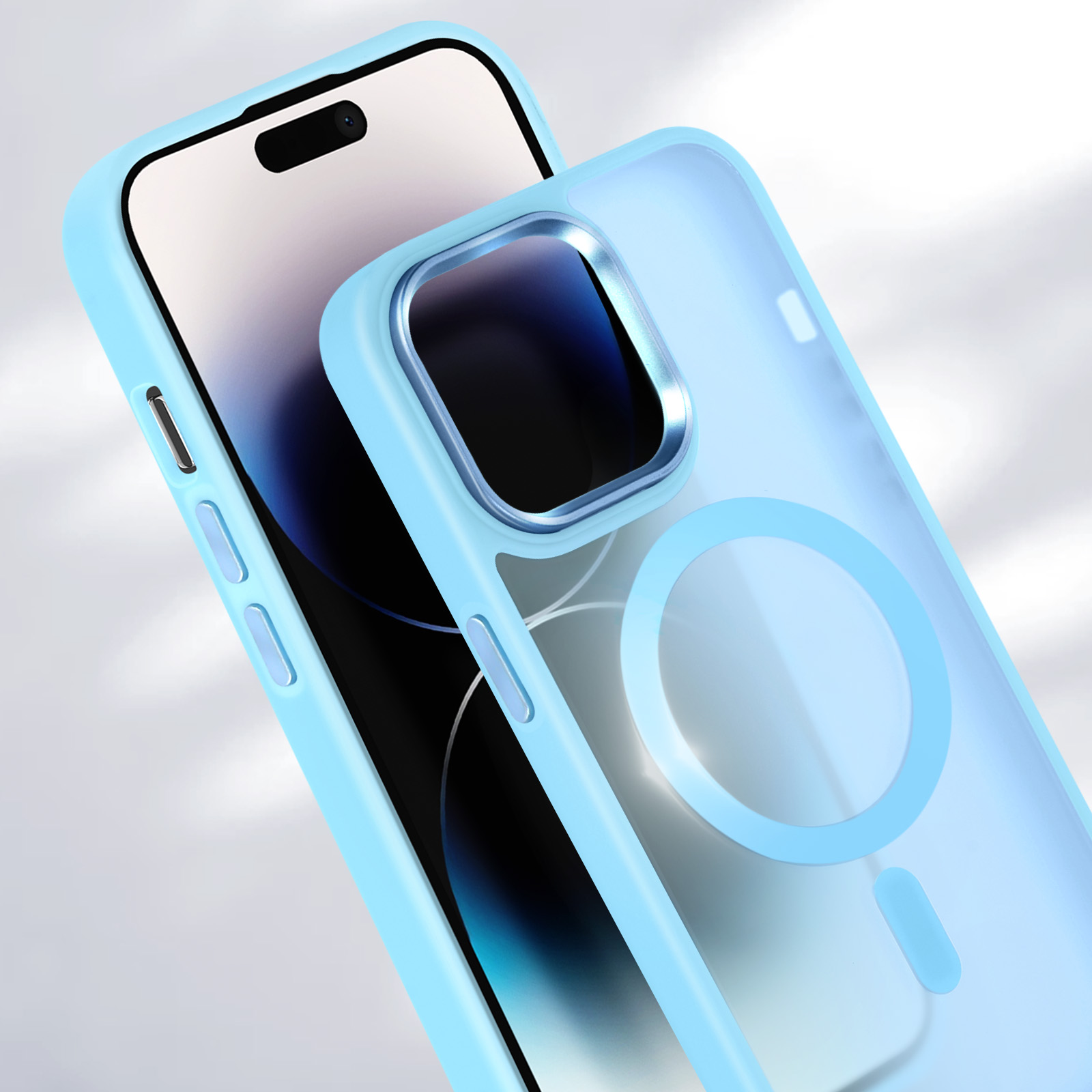 Custodia per telefono azzurra su un telefono. La custodia è trasparente, con un bordo blu e un cerchio magnetico.