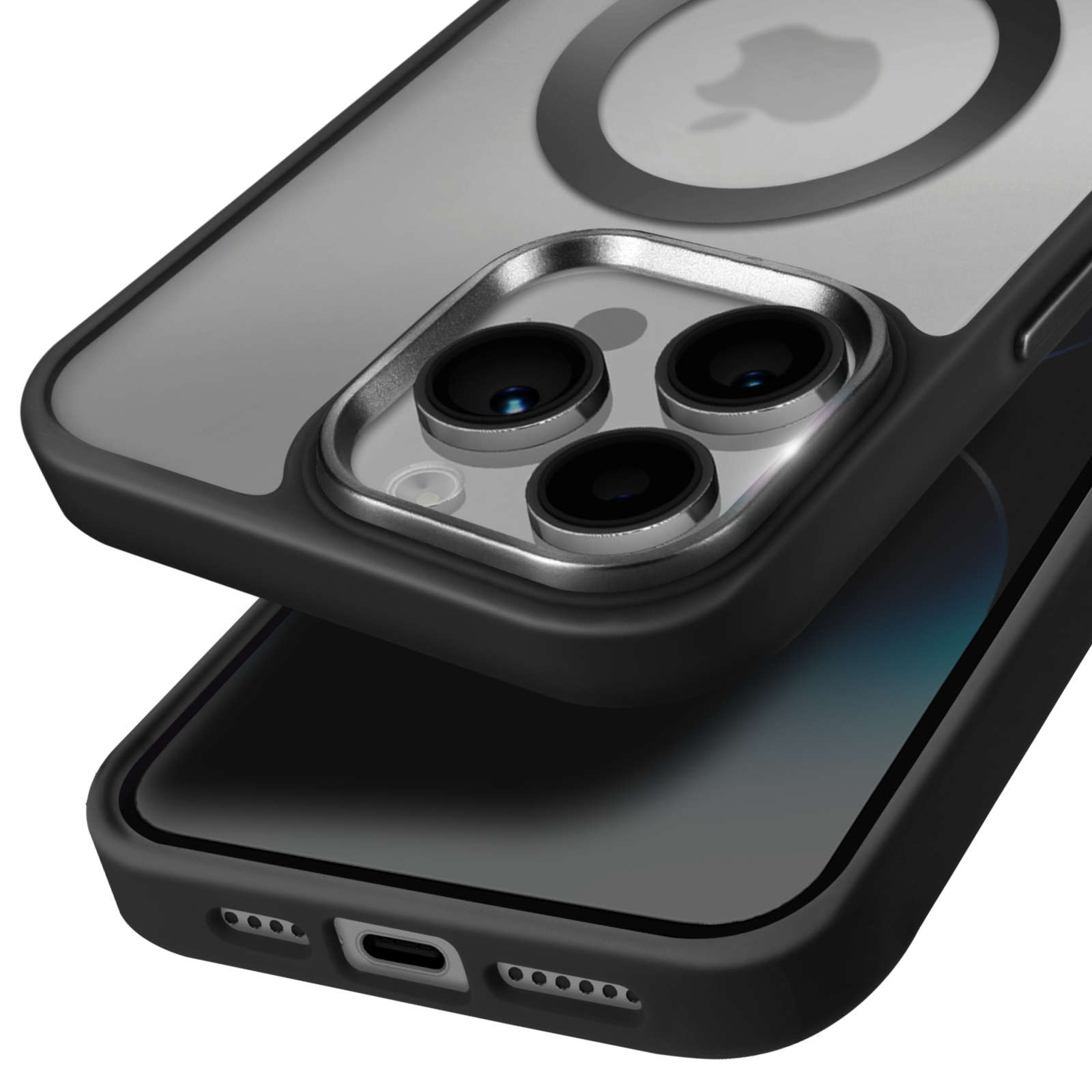 Primo piano di custodia con telefono all'interno, mostra fotocamera e logo Apple.