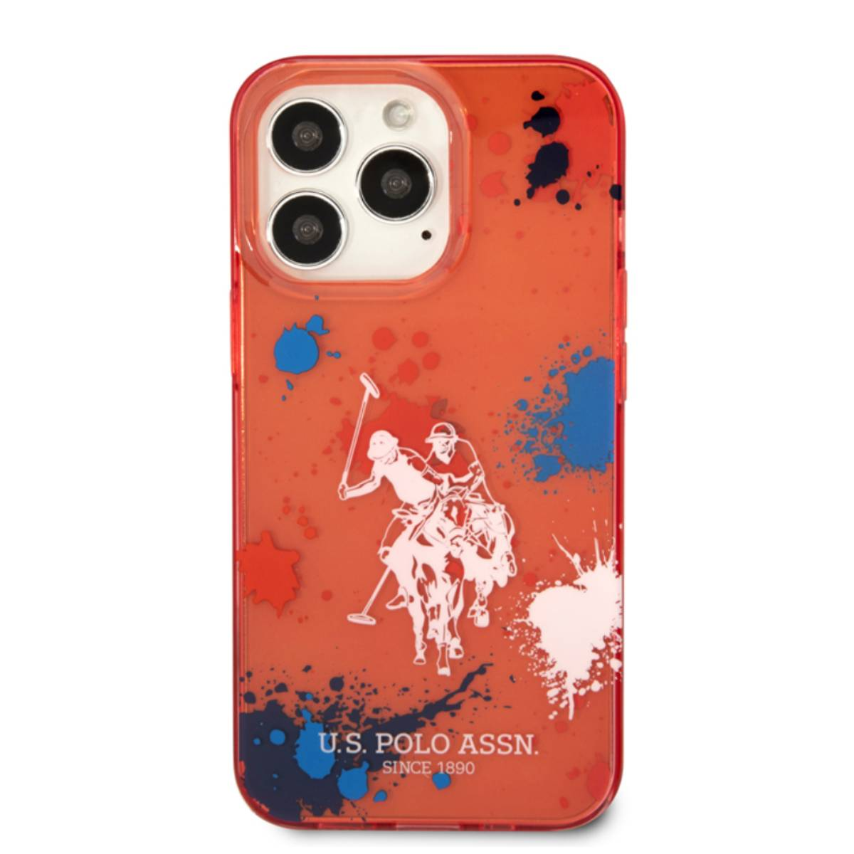 Custodia per telefono con logo U.S. Polo Assn. e grafica del giocatore di polo in bianco. Sfondo a spruzzi.