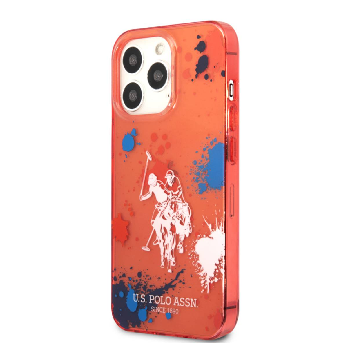 Custodia arancione per telefono con design U.S. Polo Assn. Presenta un giocatore di polo e schizzi di vernice.