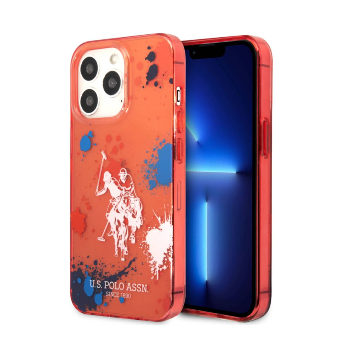 Custodia per telefono rossa con logo U.S. Polo Assn. La custodia ha un design con una persona a cavallo e schizzi bianchi.