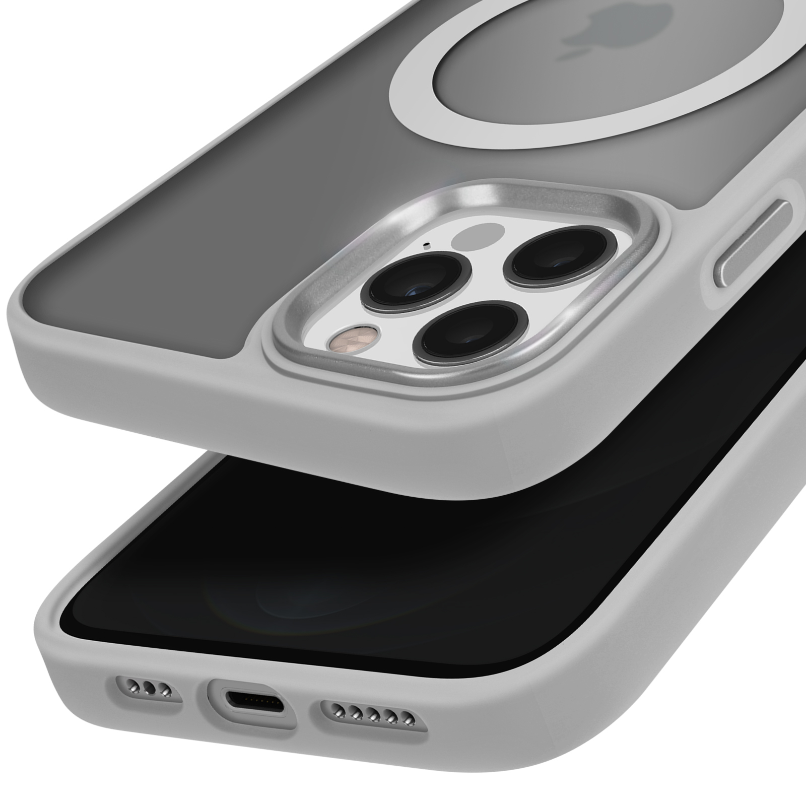 Una custodia per telefono con la fotocamera del telefono visibile, la custodia è grigia e trasparente.
