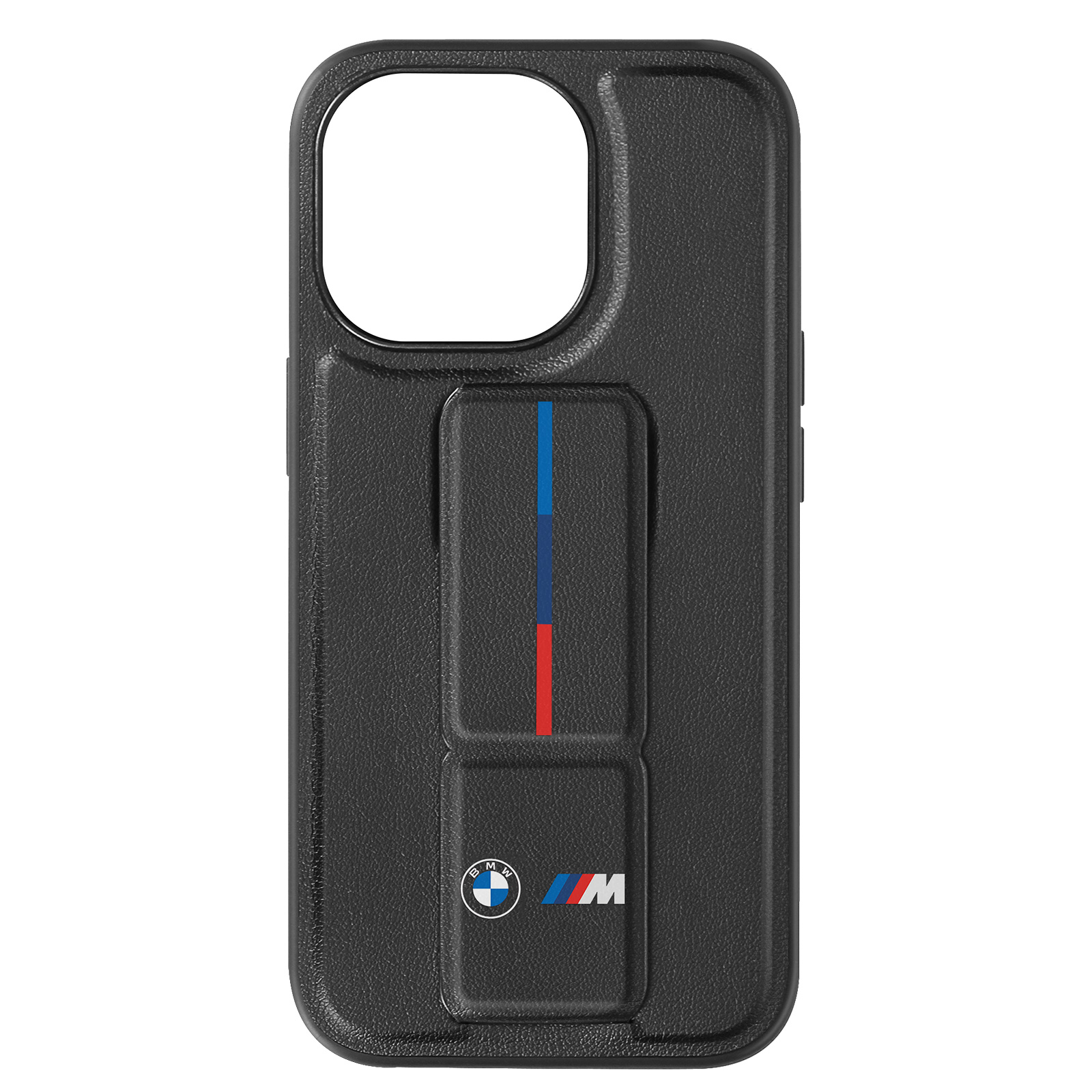 Custodia nera per telefono con logo BMW M, strisce blu, rosse e bianche, sfondo bianco.