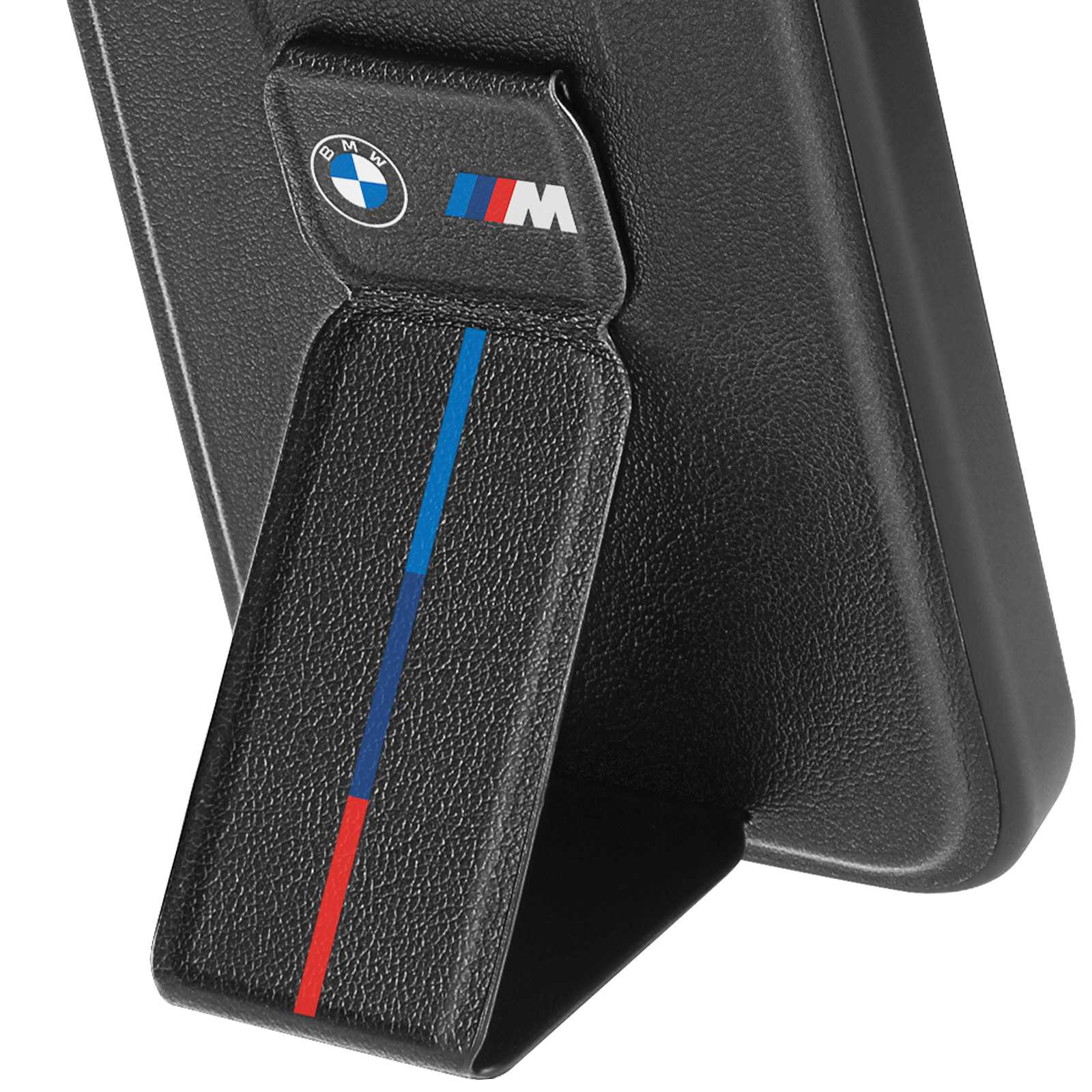 Custodia per telefono nera con logo BMW, con supporto a strisce blu e rosse.