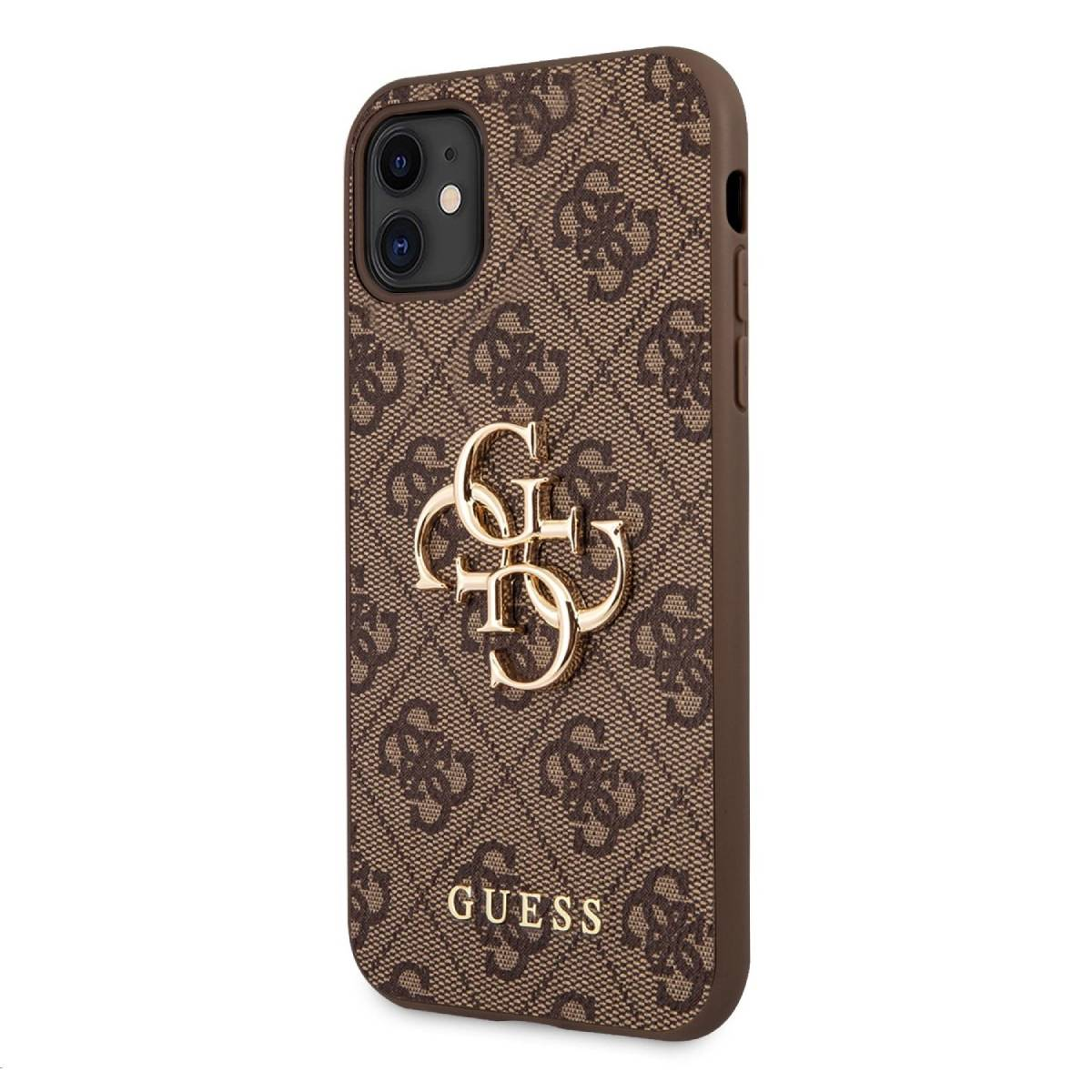 Custodia per telefono Guess marrone. Logo dorato al centro. Sfondo a motivi. Etichetta Guess in basso.