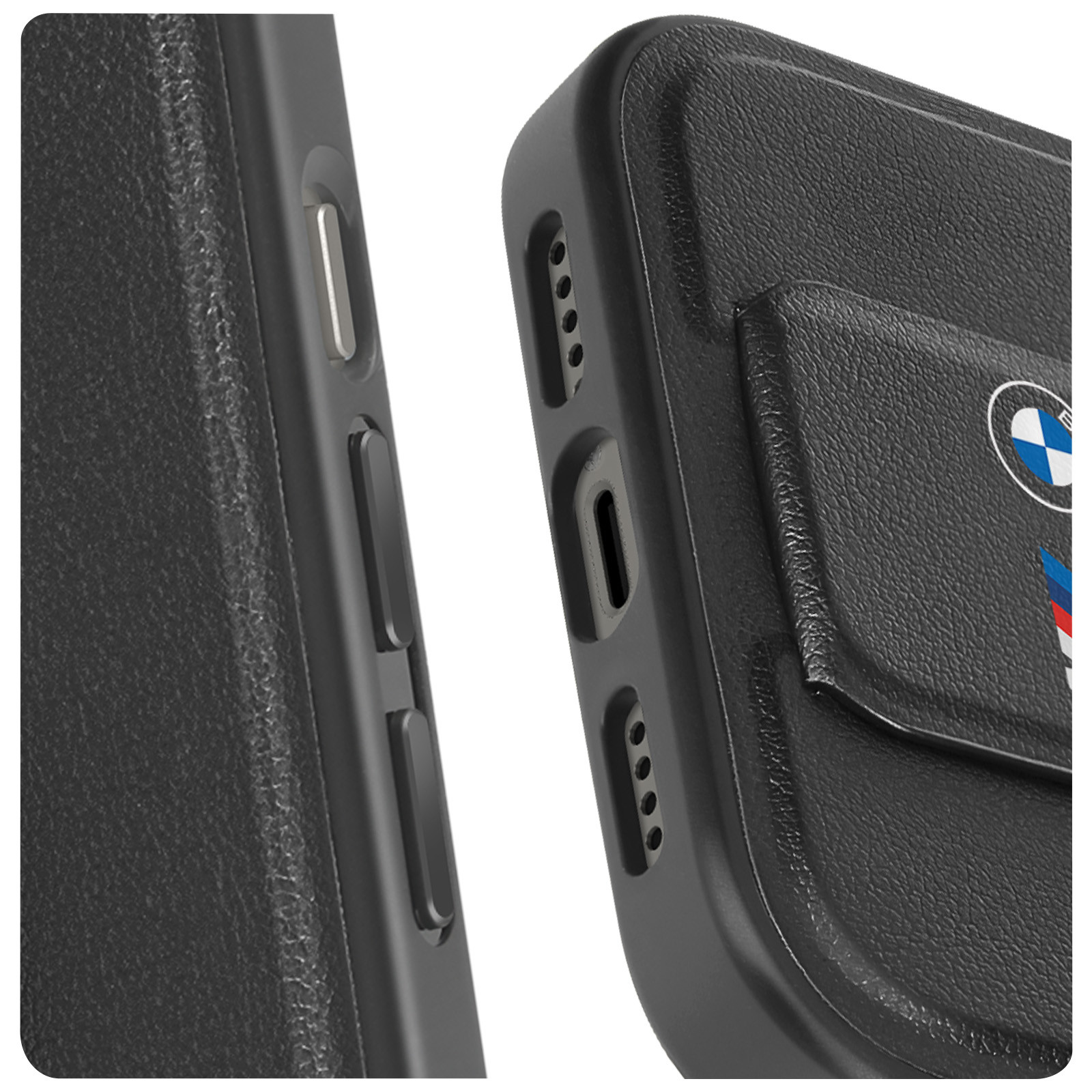 Primo piano della custodia nera dell'iPhone. Tasti visibili e un logo BMW.