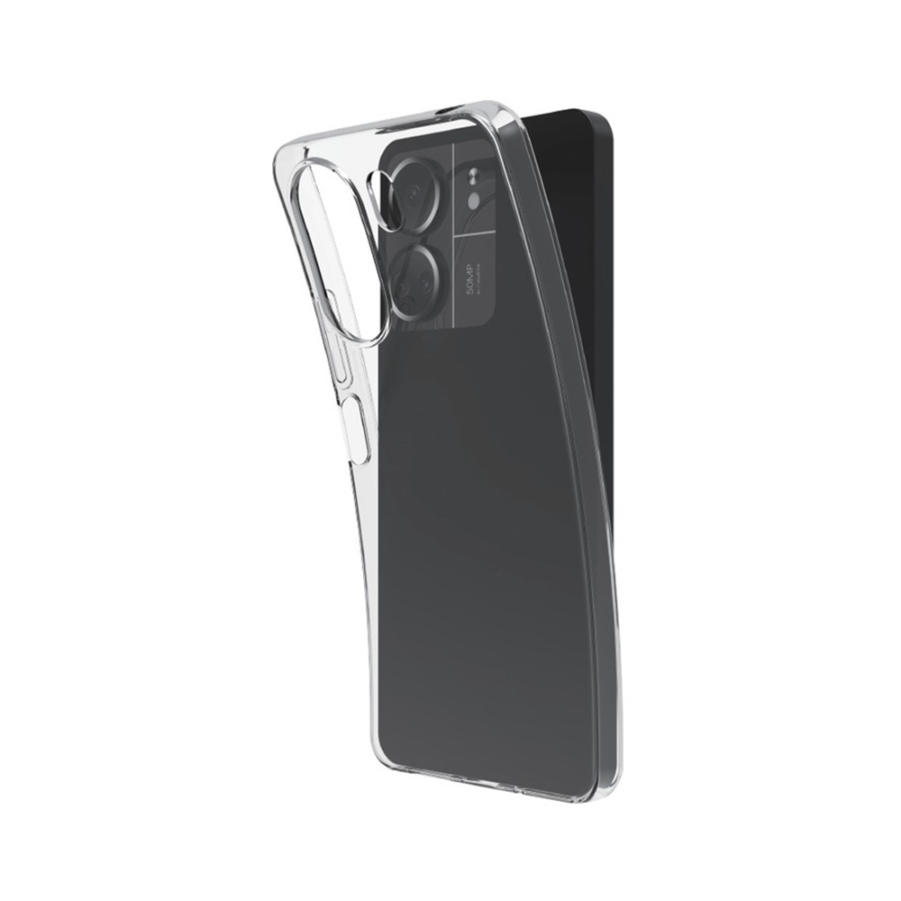 Una custodia trasparente per telefono su un telefono. La custodia è trasparente e ha un ritaglio per la fotocamera.