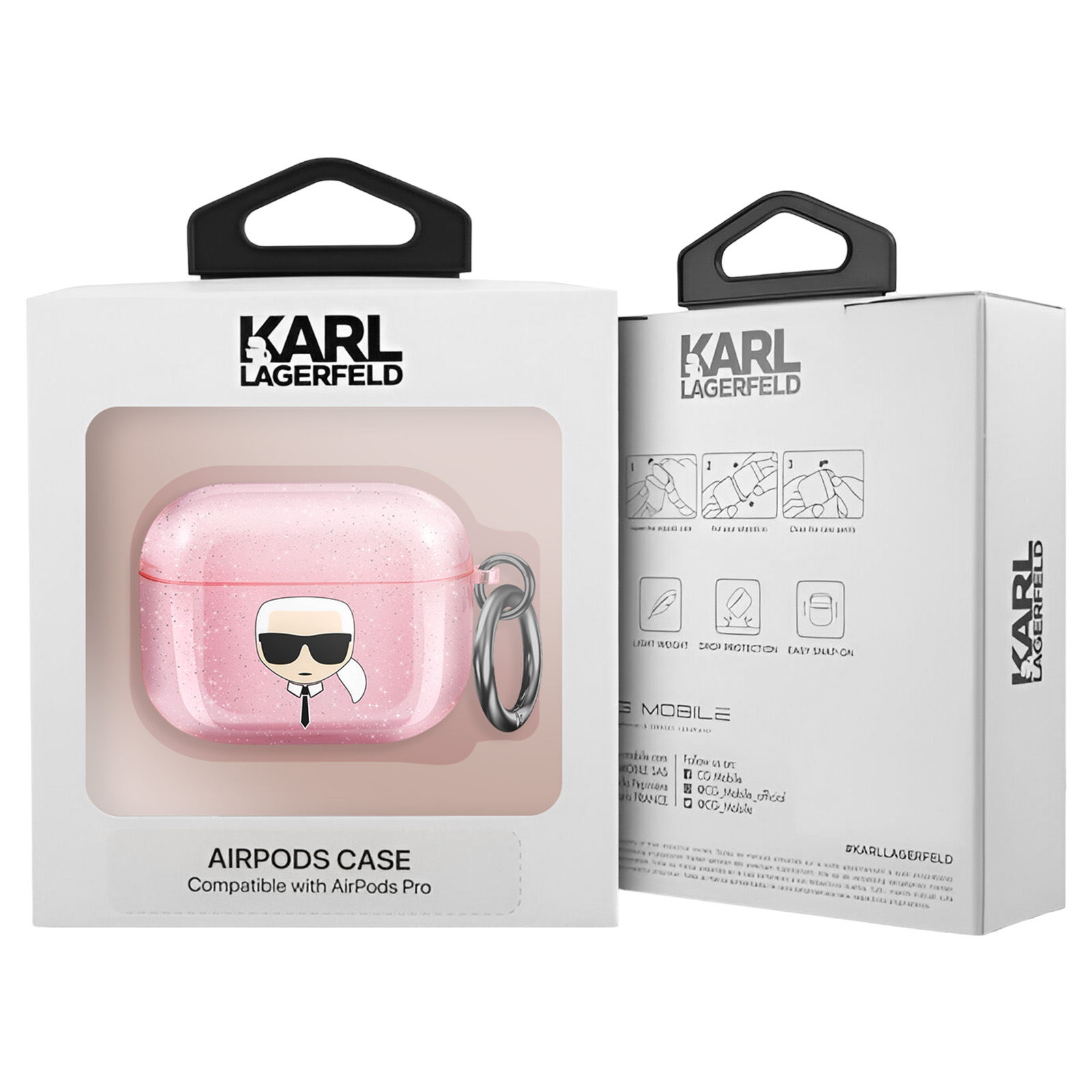 Funda rosa Karl Lagerfeld AirPods en caja. Tiene asa y anillo plateado.