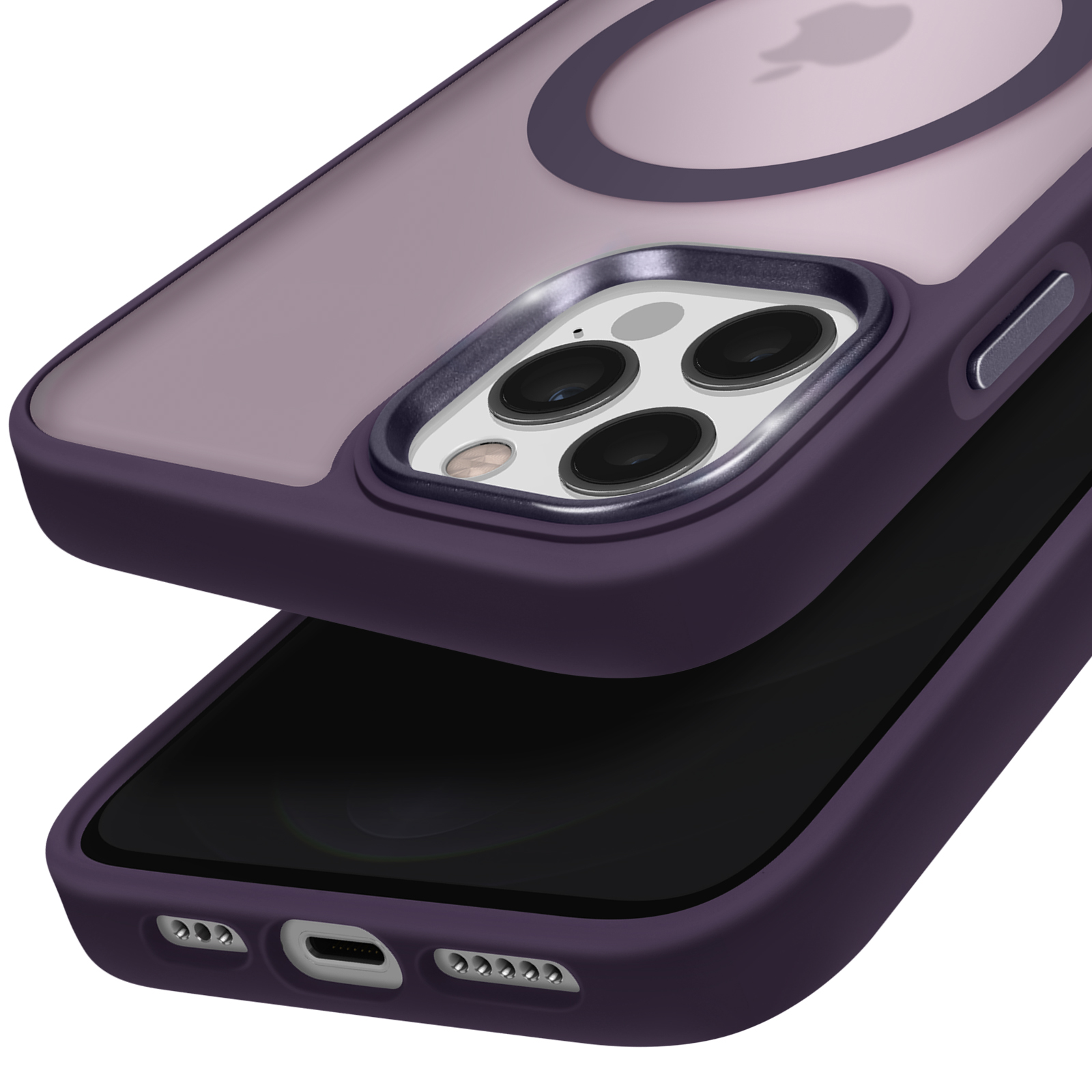 Telefono con custodia viola. La fotocamera è visibile. Sfondo bianco.