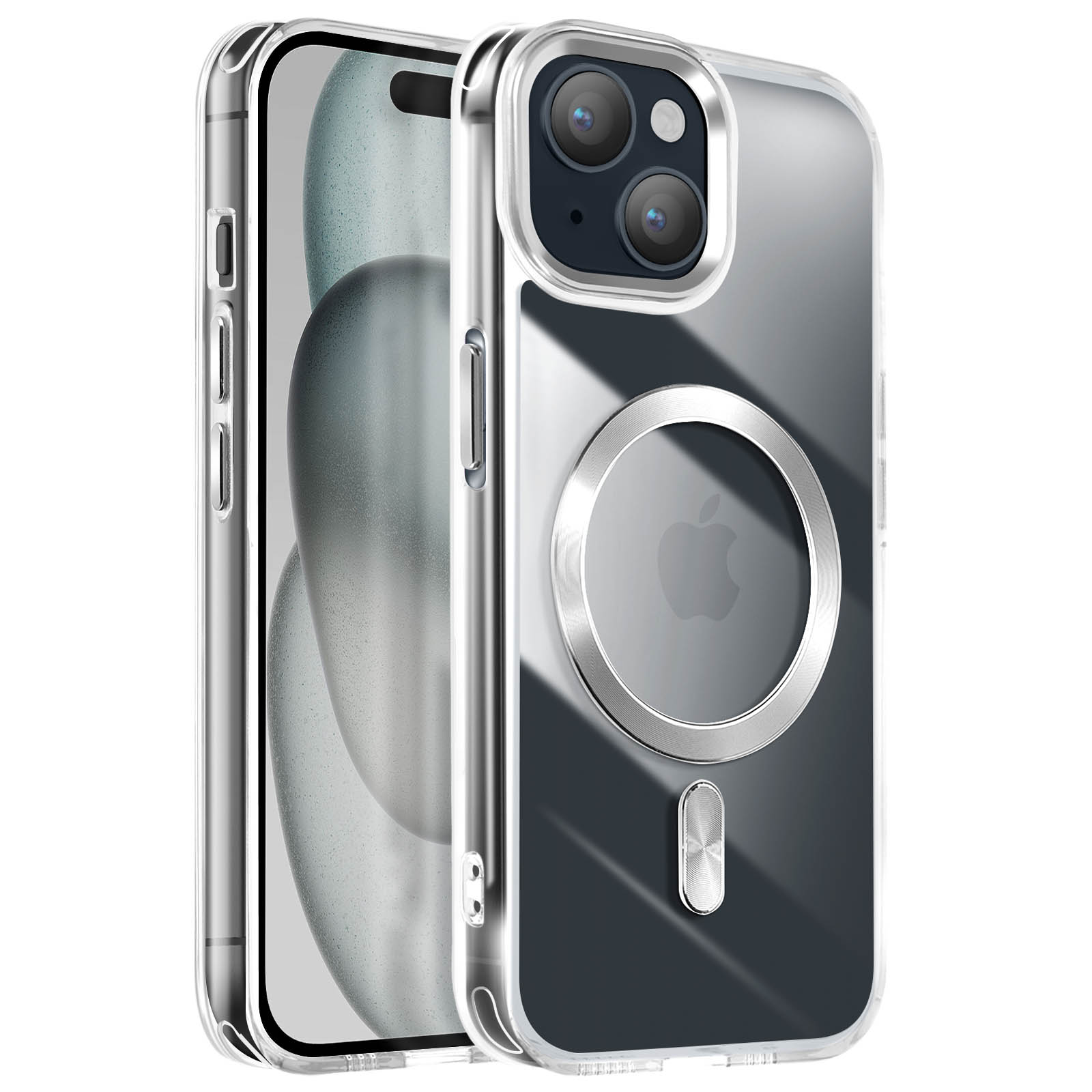 Custodia trasparente con anello argentato. Un telefono è visibile all'interno. La custodia è trasparente.