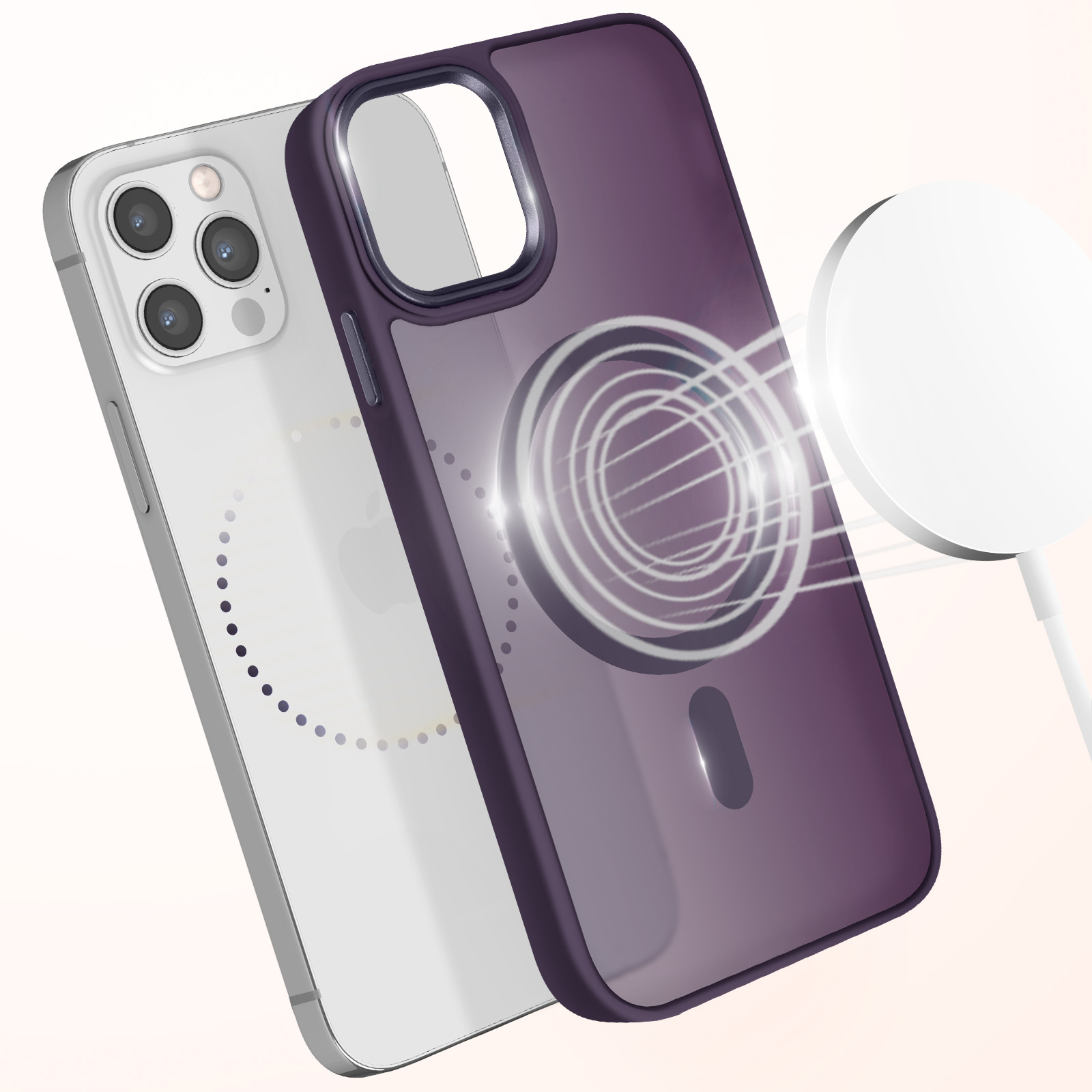 Custodia per telefono con cornice viola e retro trasparente. È collegato un caricabatterie MagSafe bianco.