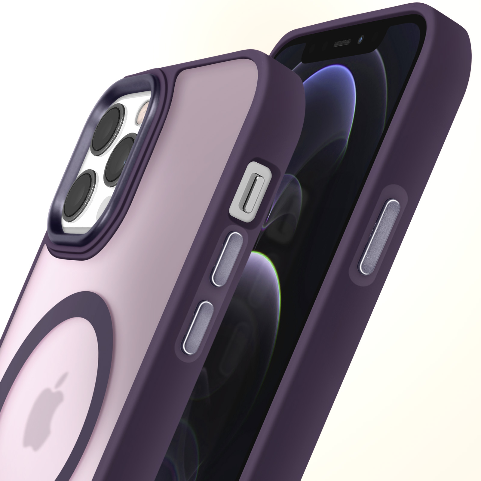 Custodia viola e rosa, con anello MagSafe, e un iPhone.
