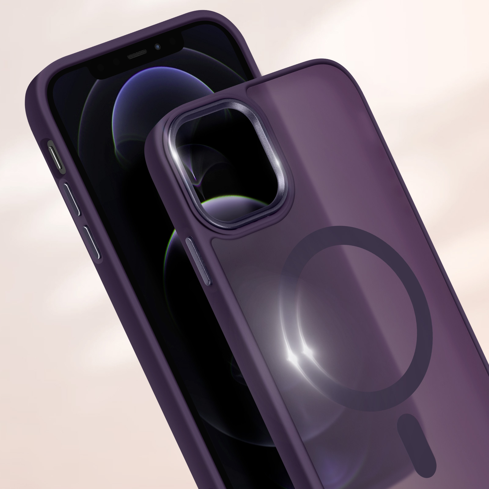Custodia per telefono viola su un telefono. Entrambi hanno un design a cerchio trasparente.