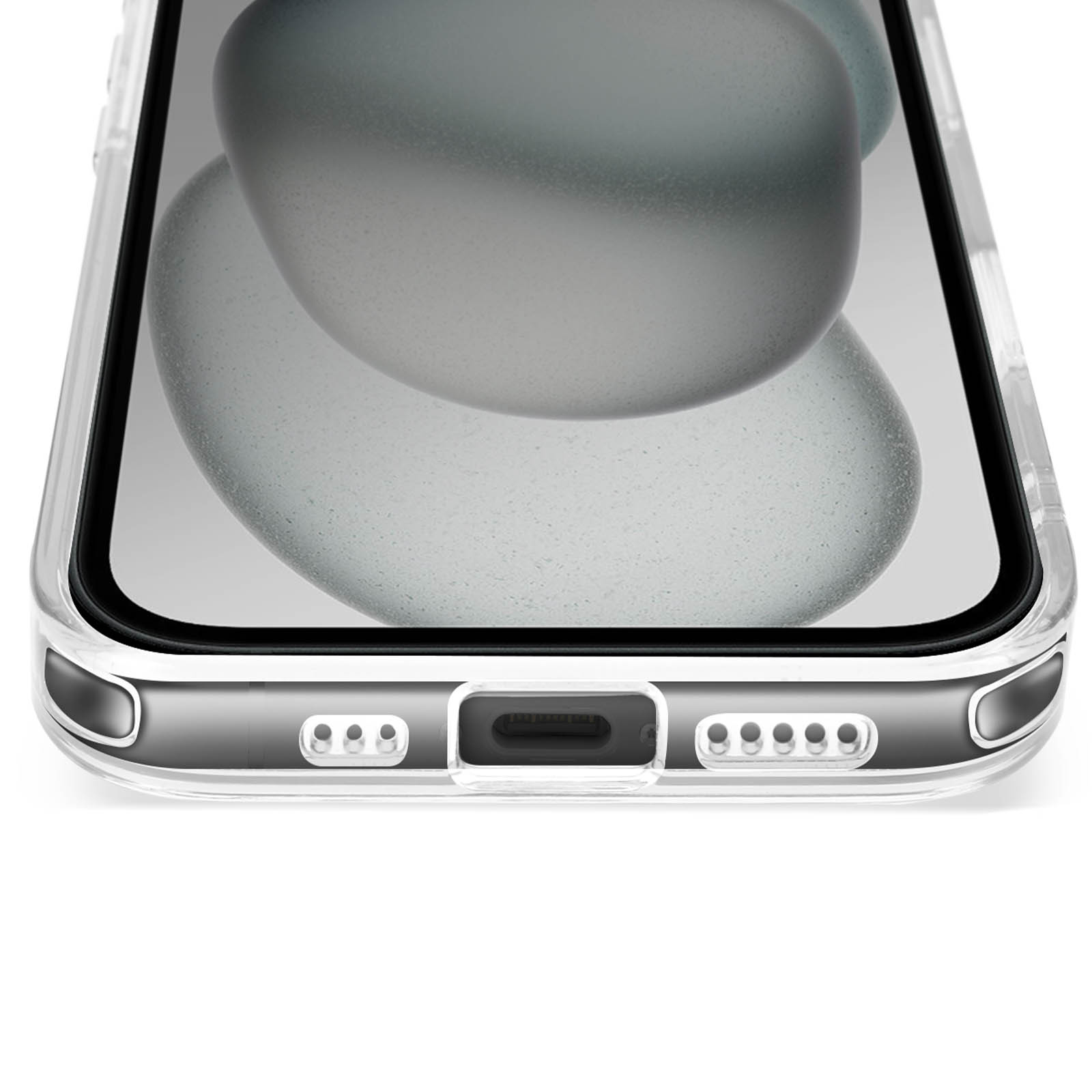 Custodia trasparente per telefono con ritagli per le porte. La parte inferiore del telefono è visibile. Le porte sono visibili.
