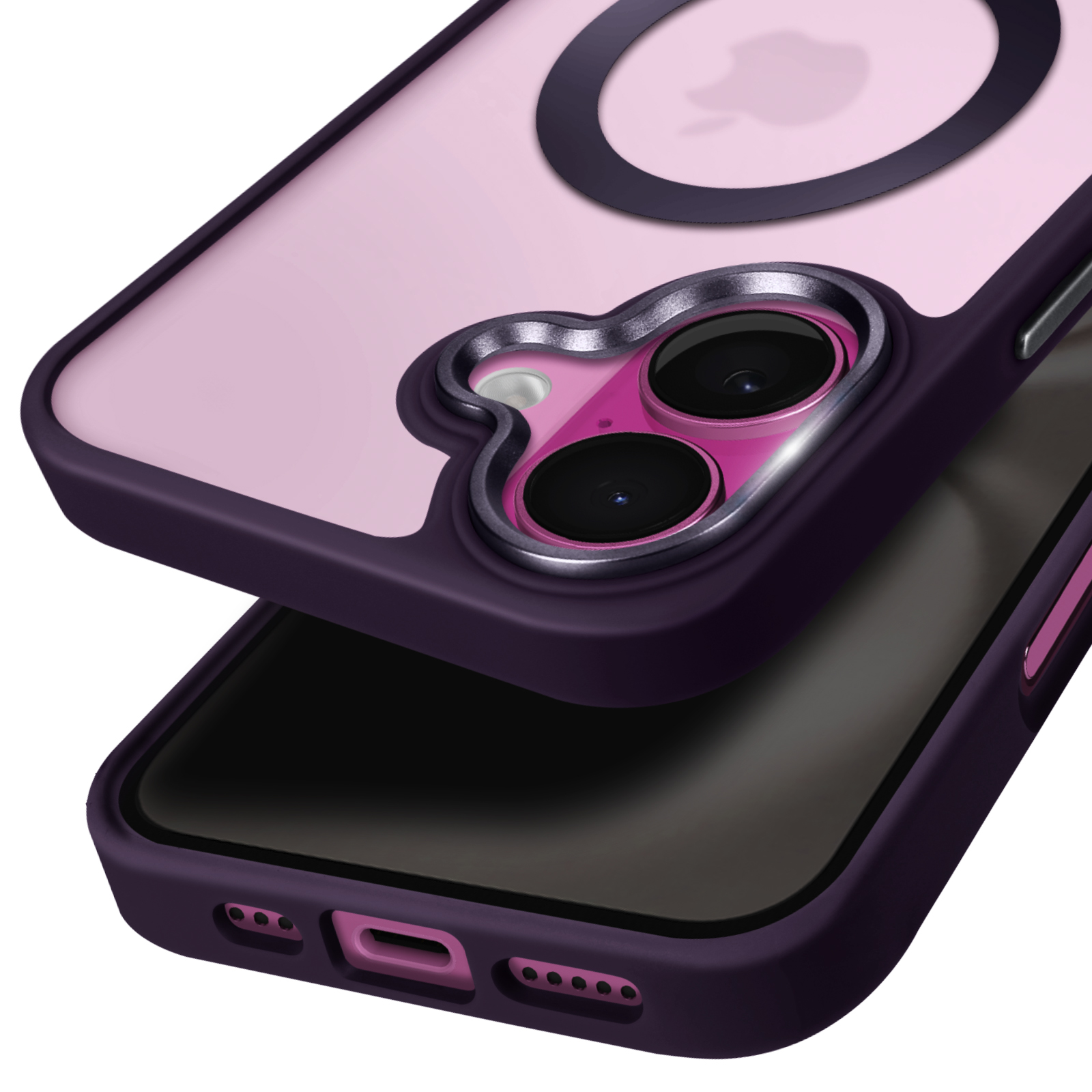 Custodia viola per telefono con anello MagSafe nero Apple. Il telefono è visibile.