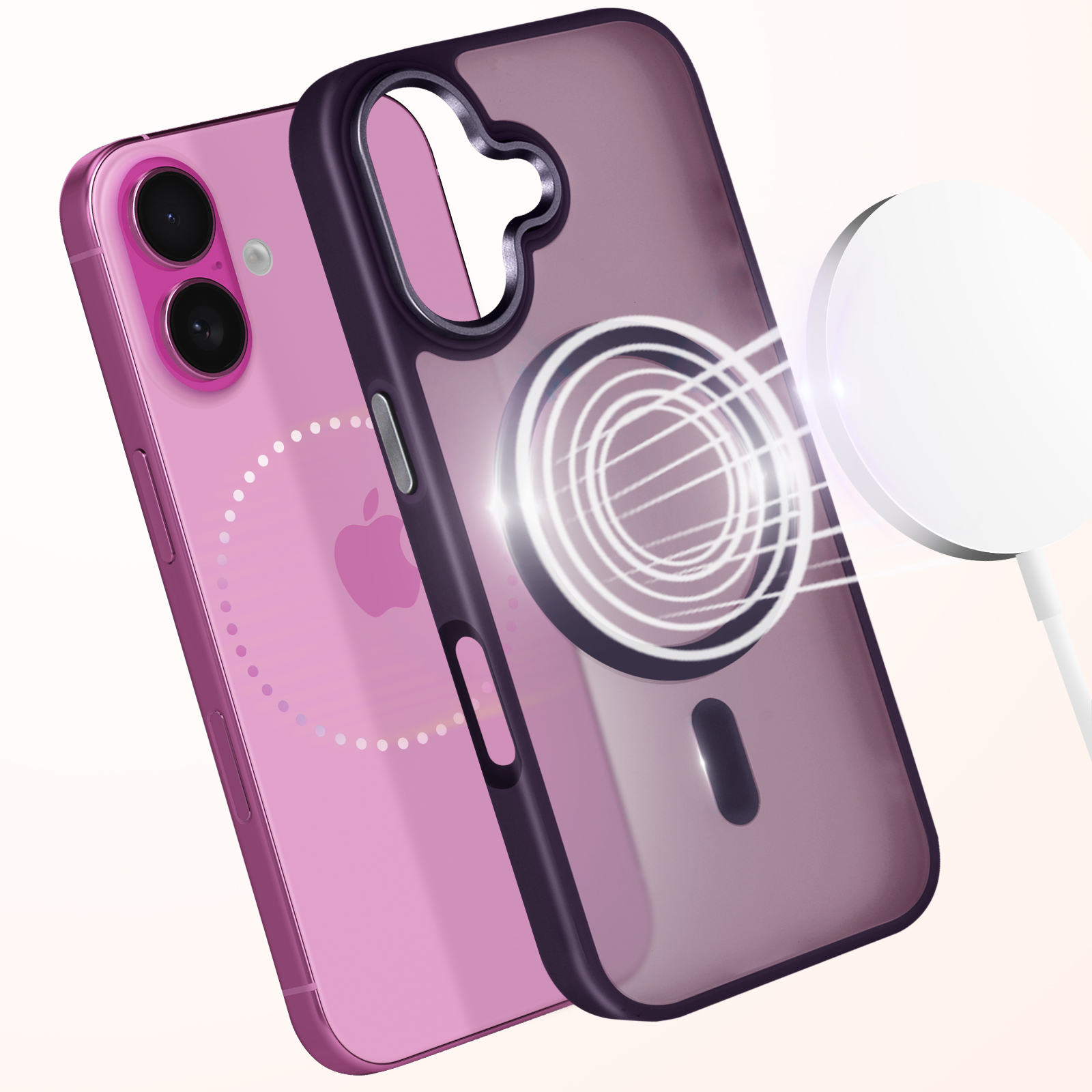 Un telefono con retro rosa e una custodia trasparente con un caricatore magsafe collegato.