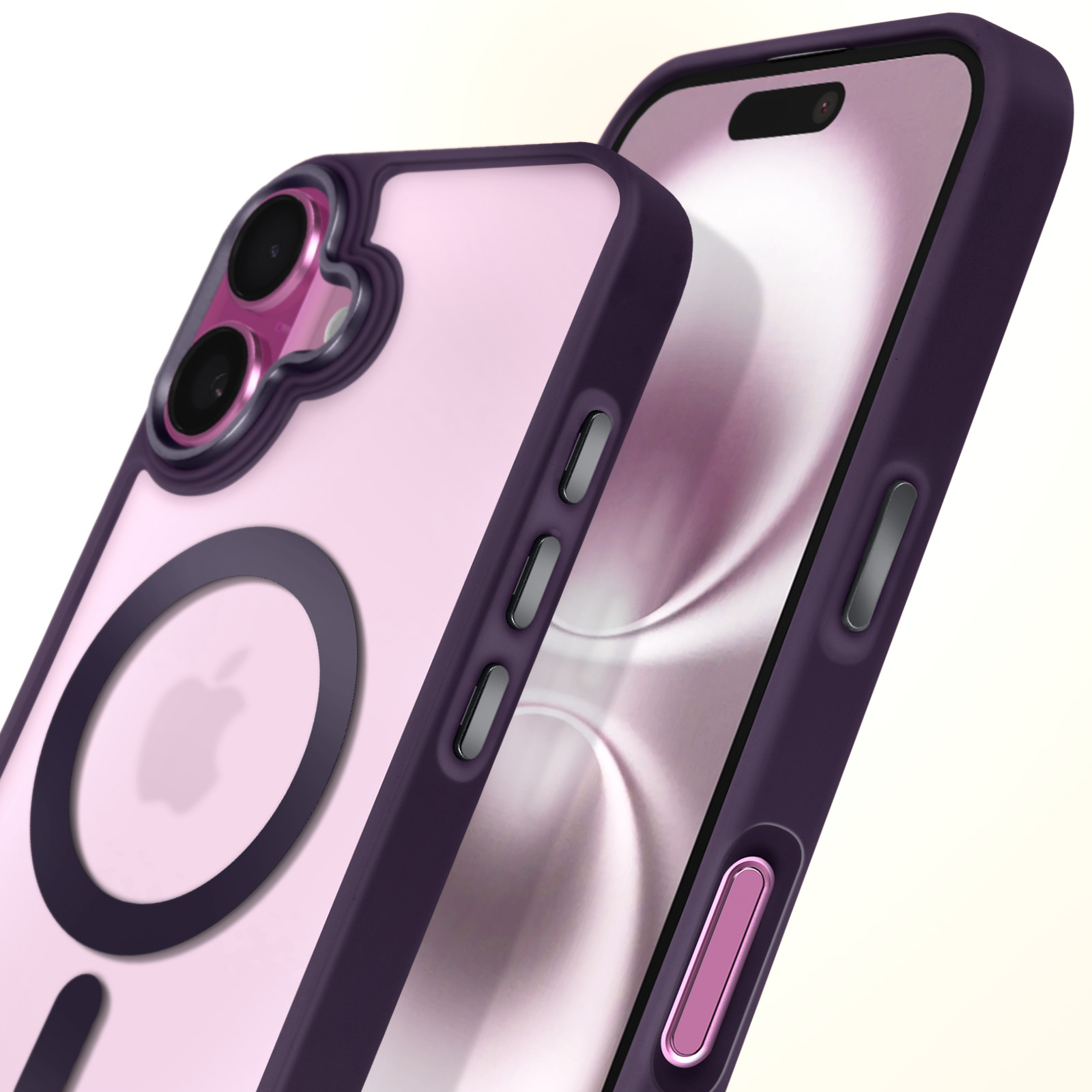 Custodia per telefono con telefono rosa all'interno e accenti viola.
