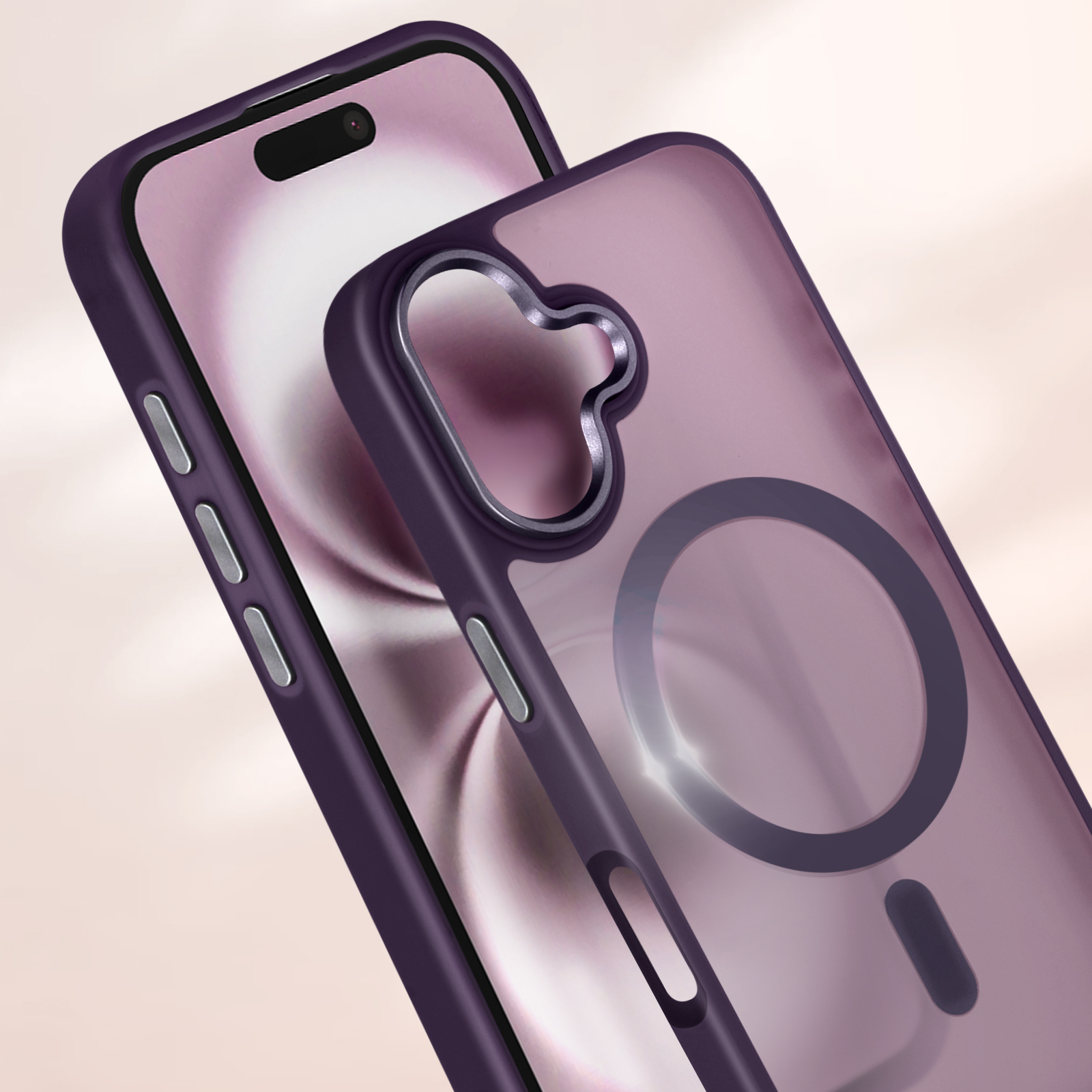 Custodia per telefono viola con un telefono viola all'interno. Un cerchio magnetico è visibile sul retro.