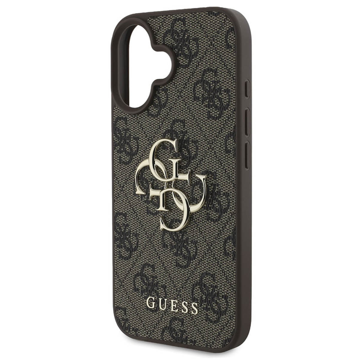 Una custodia per telefono con il motivo del logo Guess. La custodia ha un motivo nero e marrone.