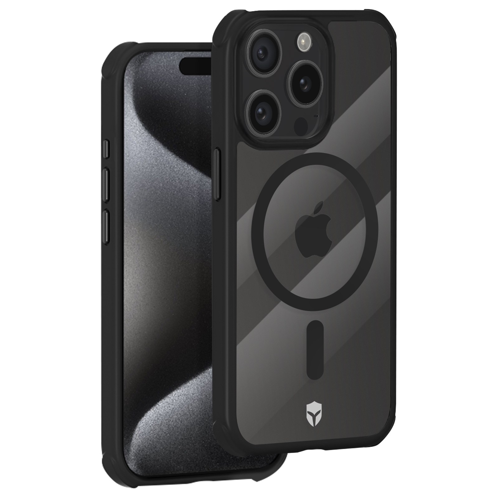 Téléphone à gauche et coque à droite. La coque est noire avec un anneau MagSafe et le logo Apple.