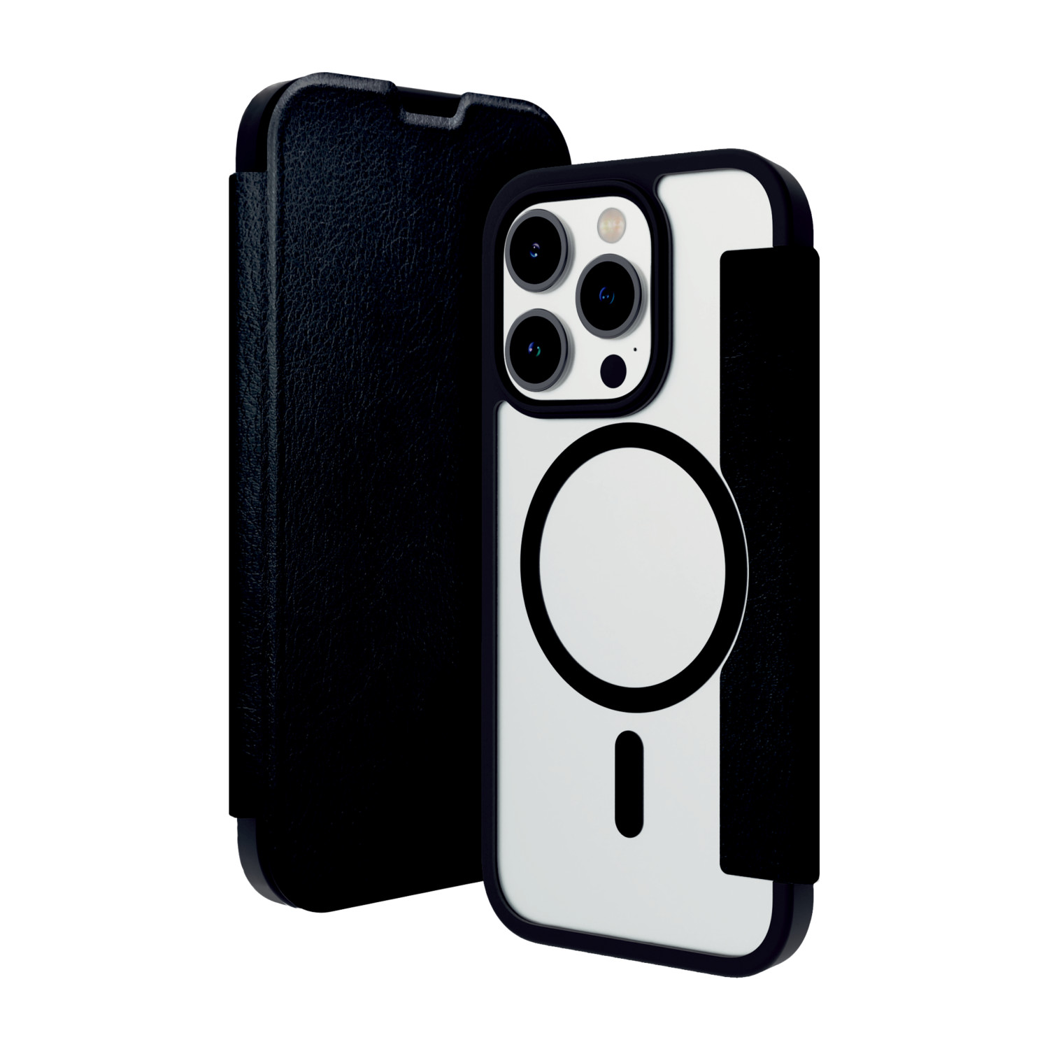 Custodia con coperchio aperto, che mostra telefono e fotocamera.