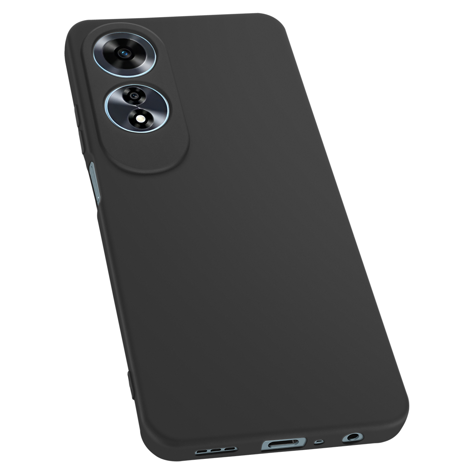 Custodia nera per telefono con doppia fotocamera, leggermente angolata, che mostra il retro del telefono.