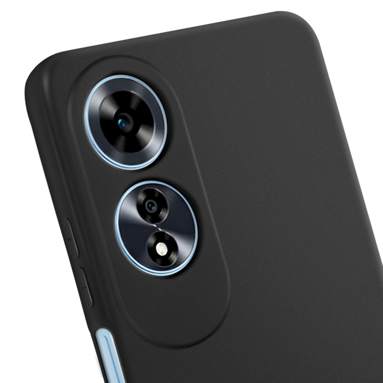 Custodia nera con due lenti della fotocamera, accenti blu, ripresa ravvicinata.