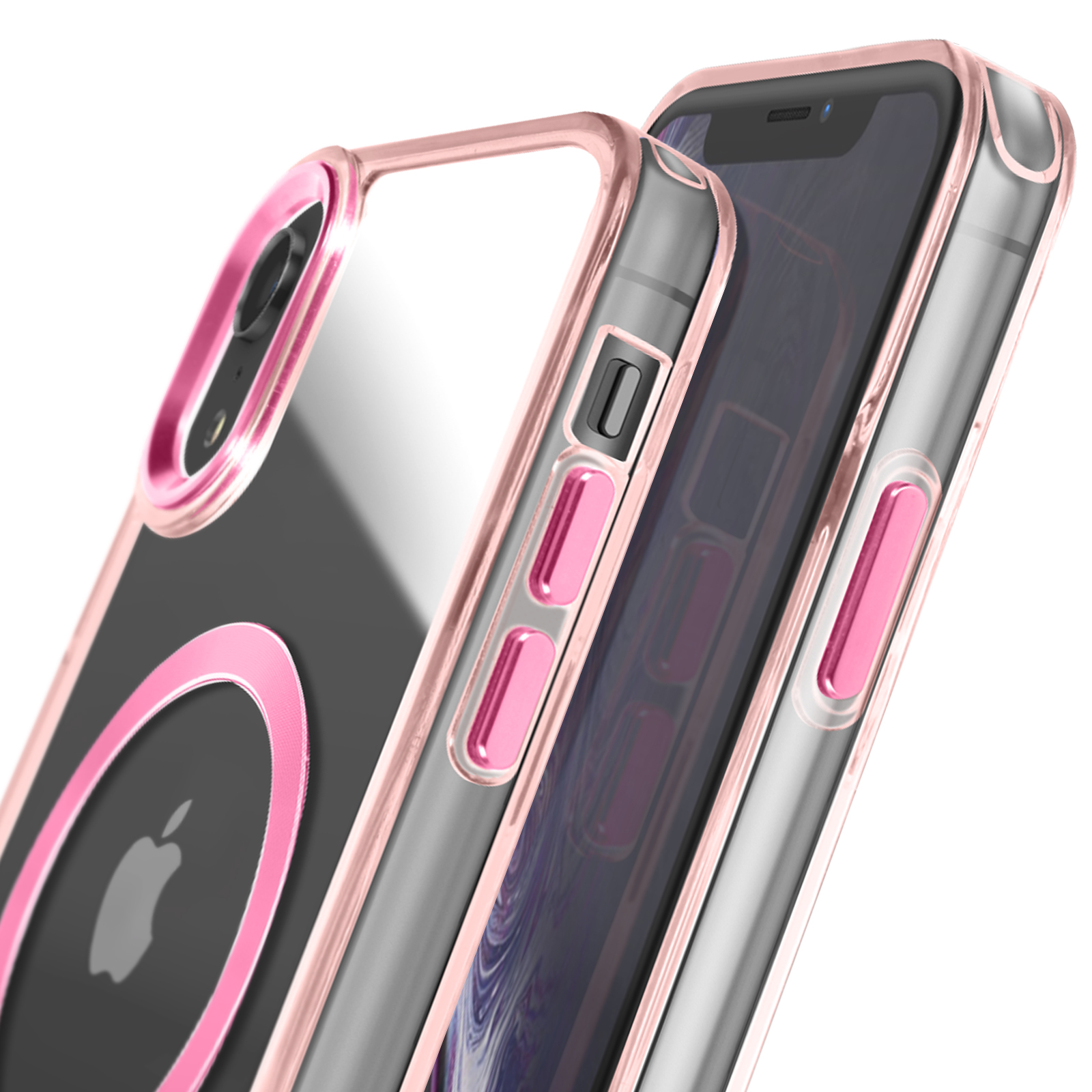 Custodia per telefono con telefono all'interno, logo Apple visibile. Bordi rosa e oro rosa.