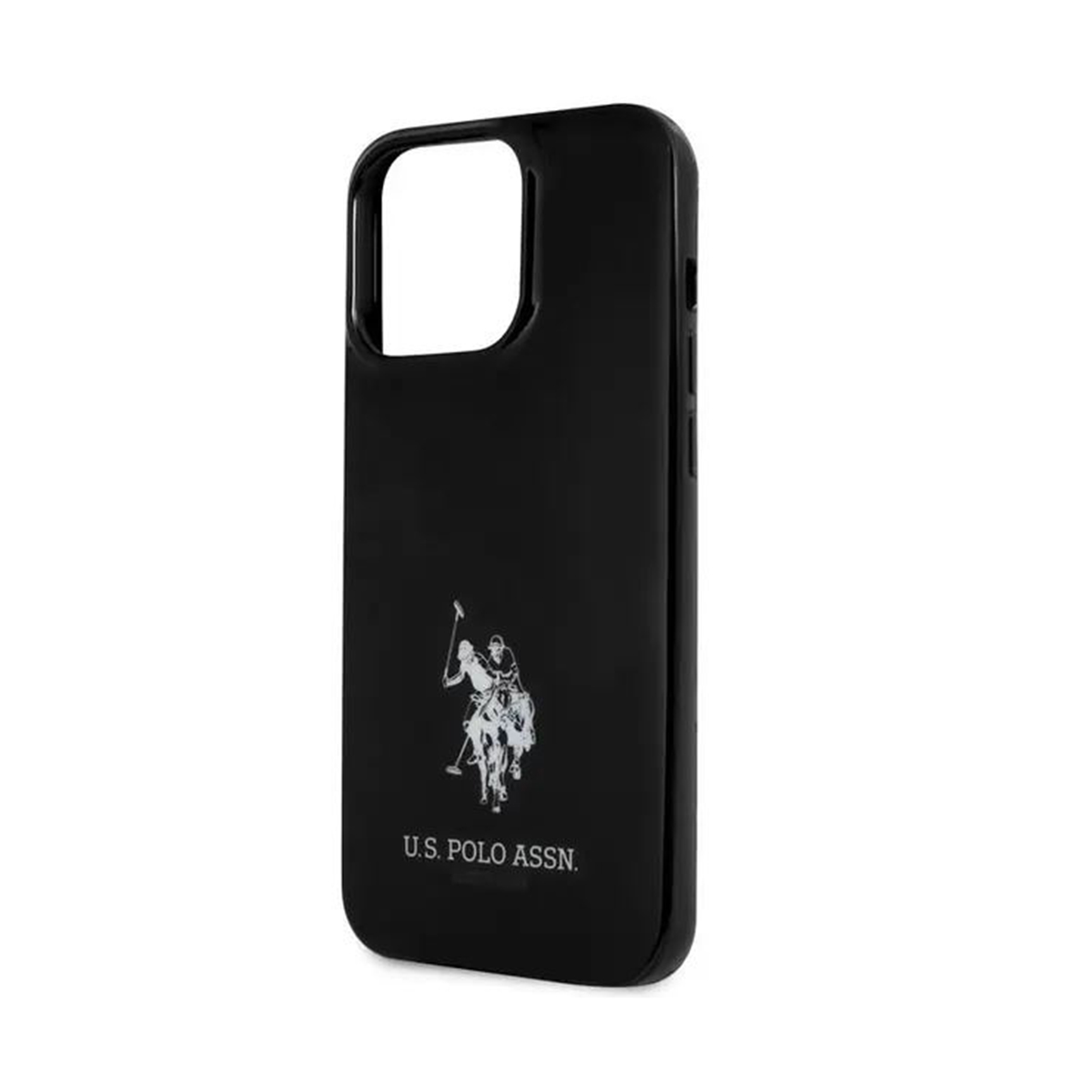 Custodia nera per telefono con logo e testo bianchi U.S. POLO ASSN. su sfondo bianco.
