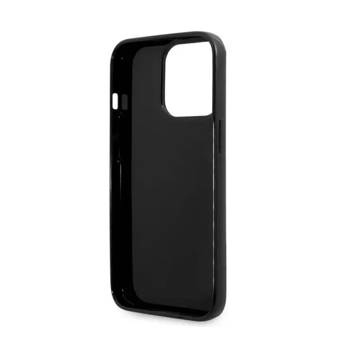 Custodia nera per telefono con foro fotocamera, su sfondo bianco.