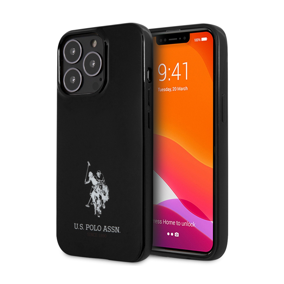 Custodia nera per telefono con logo giocatore di polo. Lo schermo mostra un'interfaccia telefonica con data.