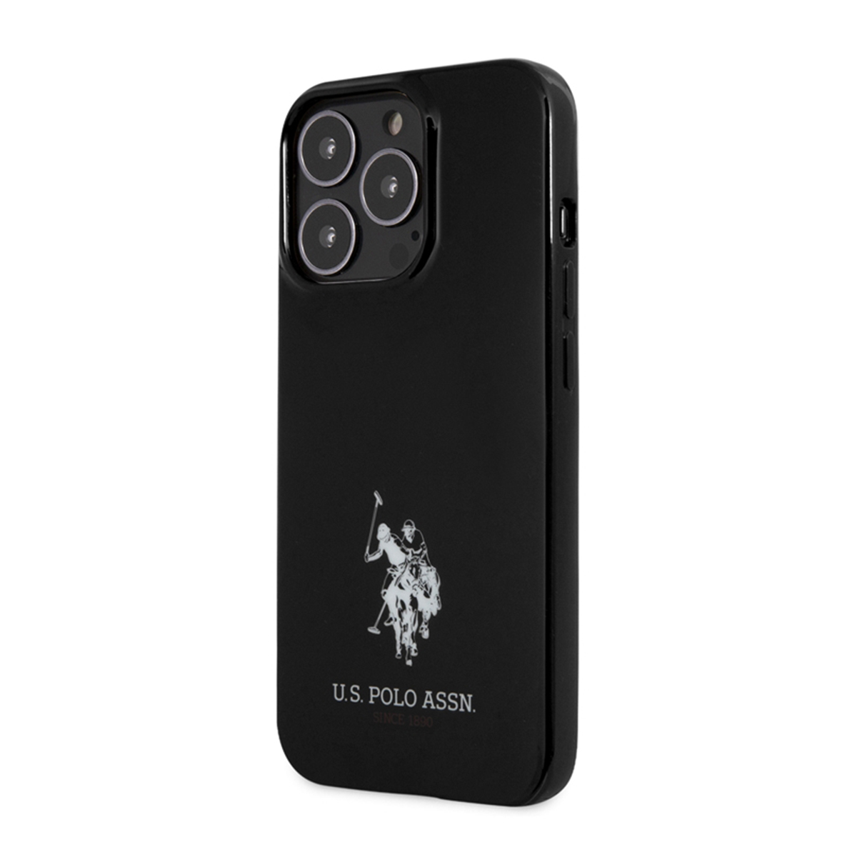 Custodia per telefono nera con logo bianco US Polo Assn., su sfondo bianco.