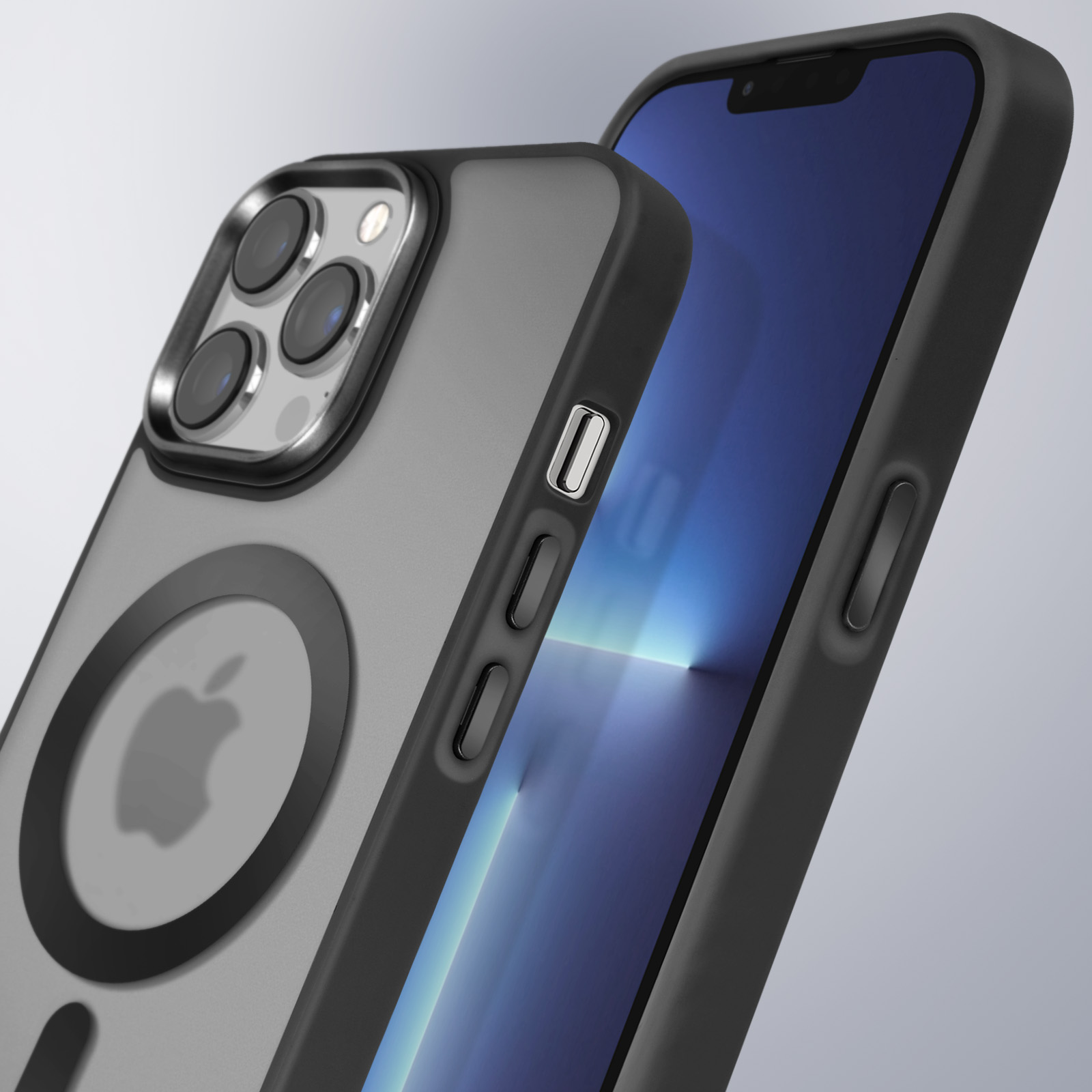 Custodia per telefono nera con logo Apple, una cornice nera e tre obiettivi della fotocamera.