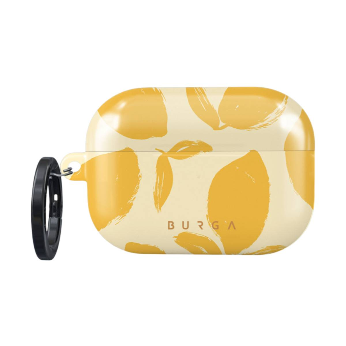 Funda amarilla para AirPods con diseño de limón. La funda tiene un mosquetón negro en el lateral.