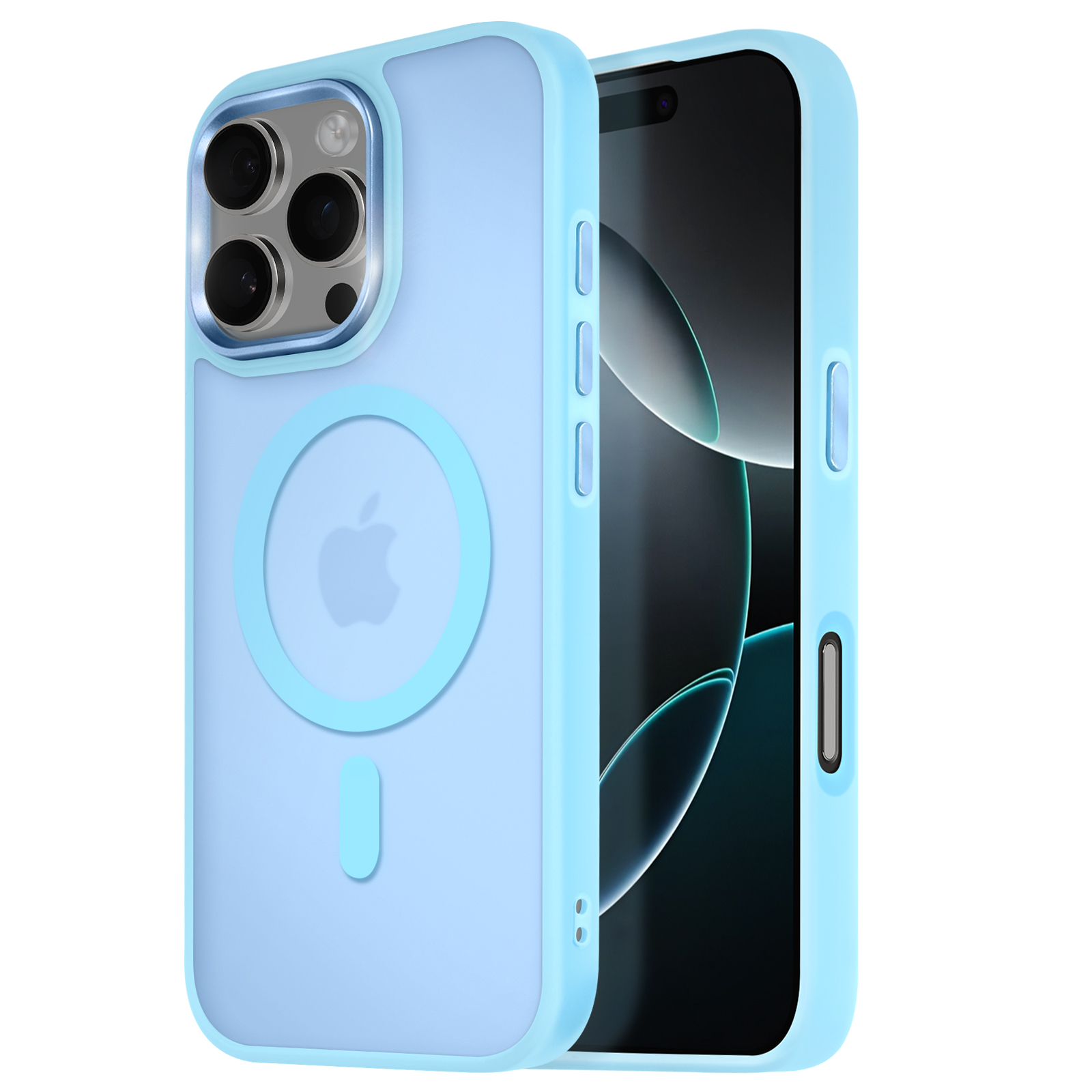 Custodia blu con logo Apple e lenti multiple.